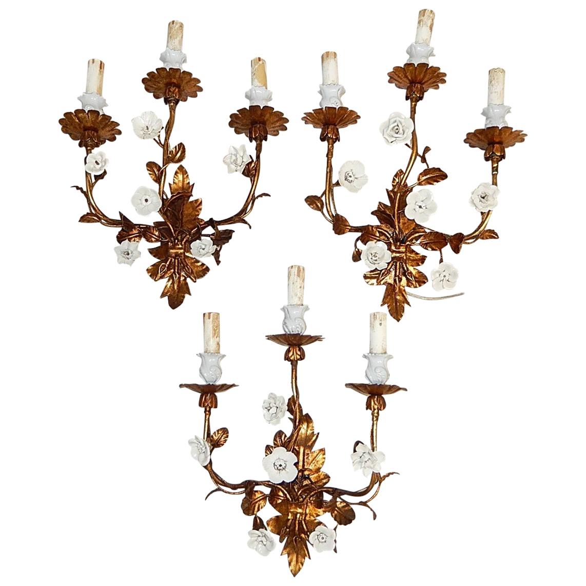 Set of 3 French Gold Tole Sconces with White Porcelain Flowers, 1920s
