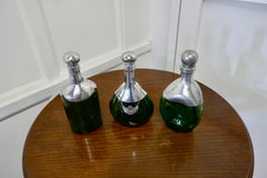 Set of 3 French Green Glass and Pewter Spirit Decanters