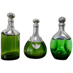 Antique Set of 3 French Green Glass and Pewter Spirit Decanters