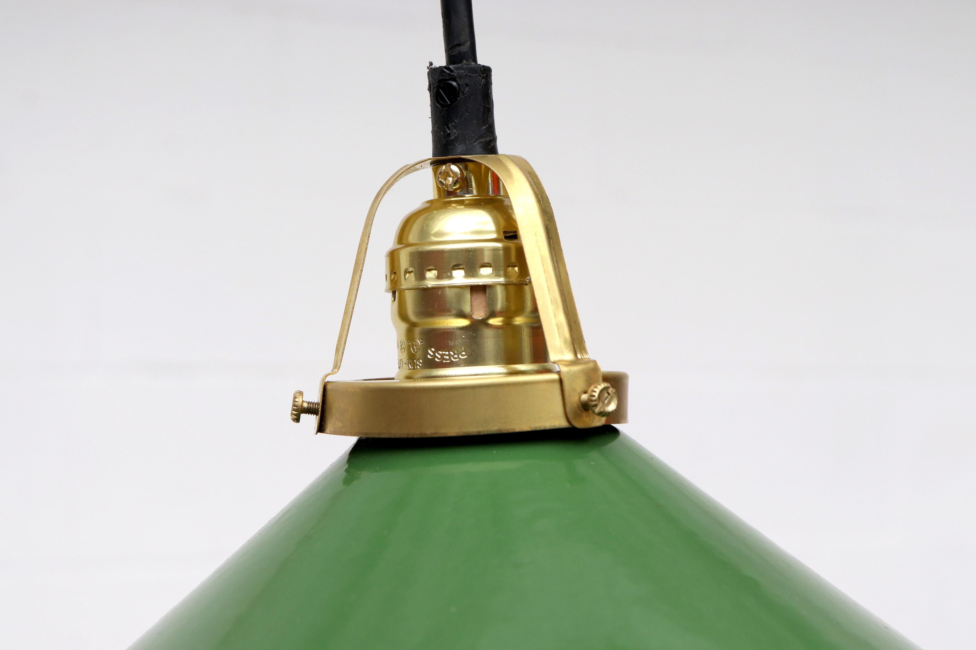 Set of 3 French Industrial Emerald Enameled Metal Pendant Lights In Good Condition In Los Angeles, CA