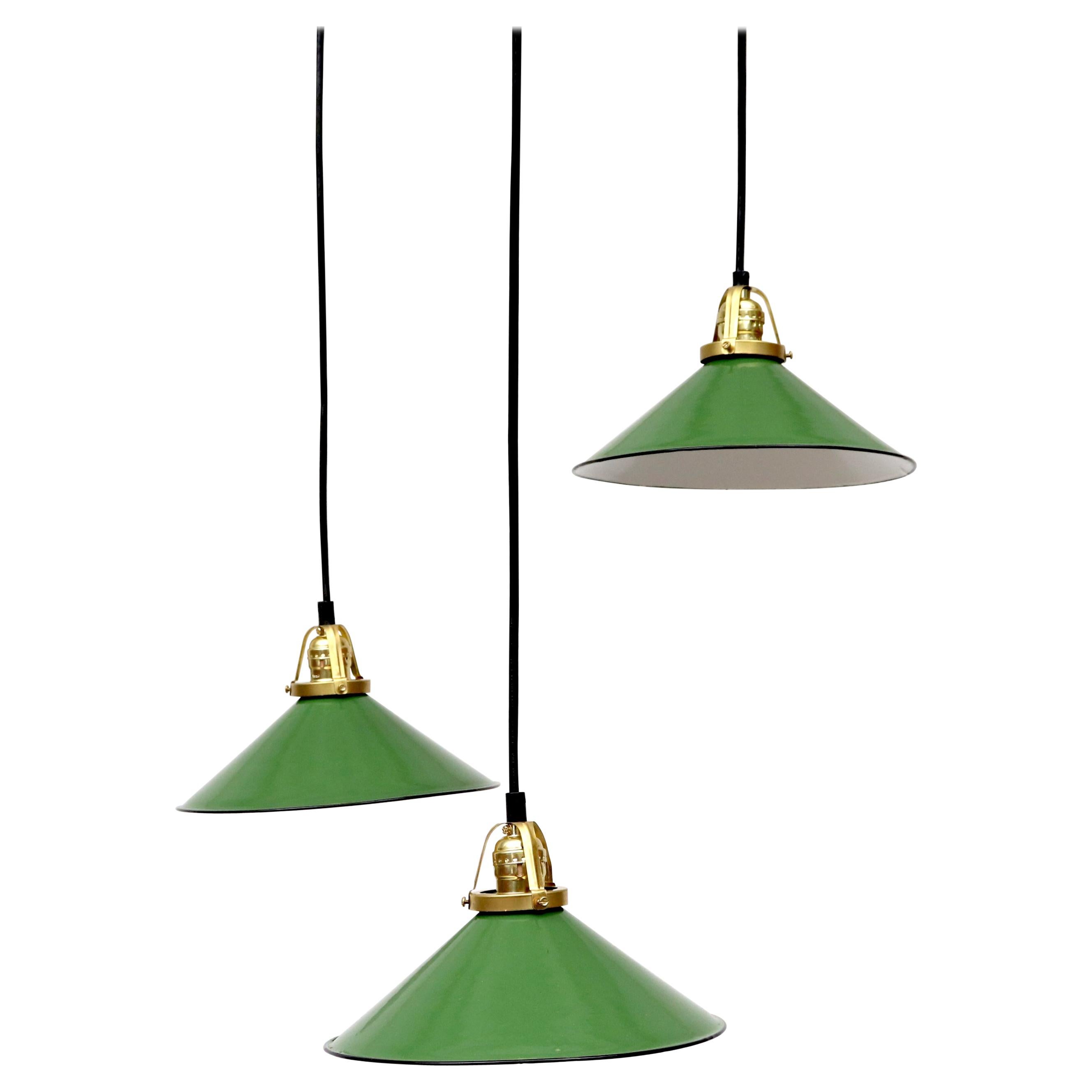 Set of 3 French Industrial Emerald Enameled Metal Pendant Lights