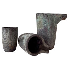 Set of 3 French Industrial Lava Stone Foundry Crucible Planters