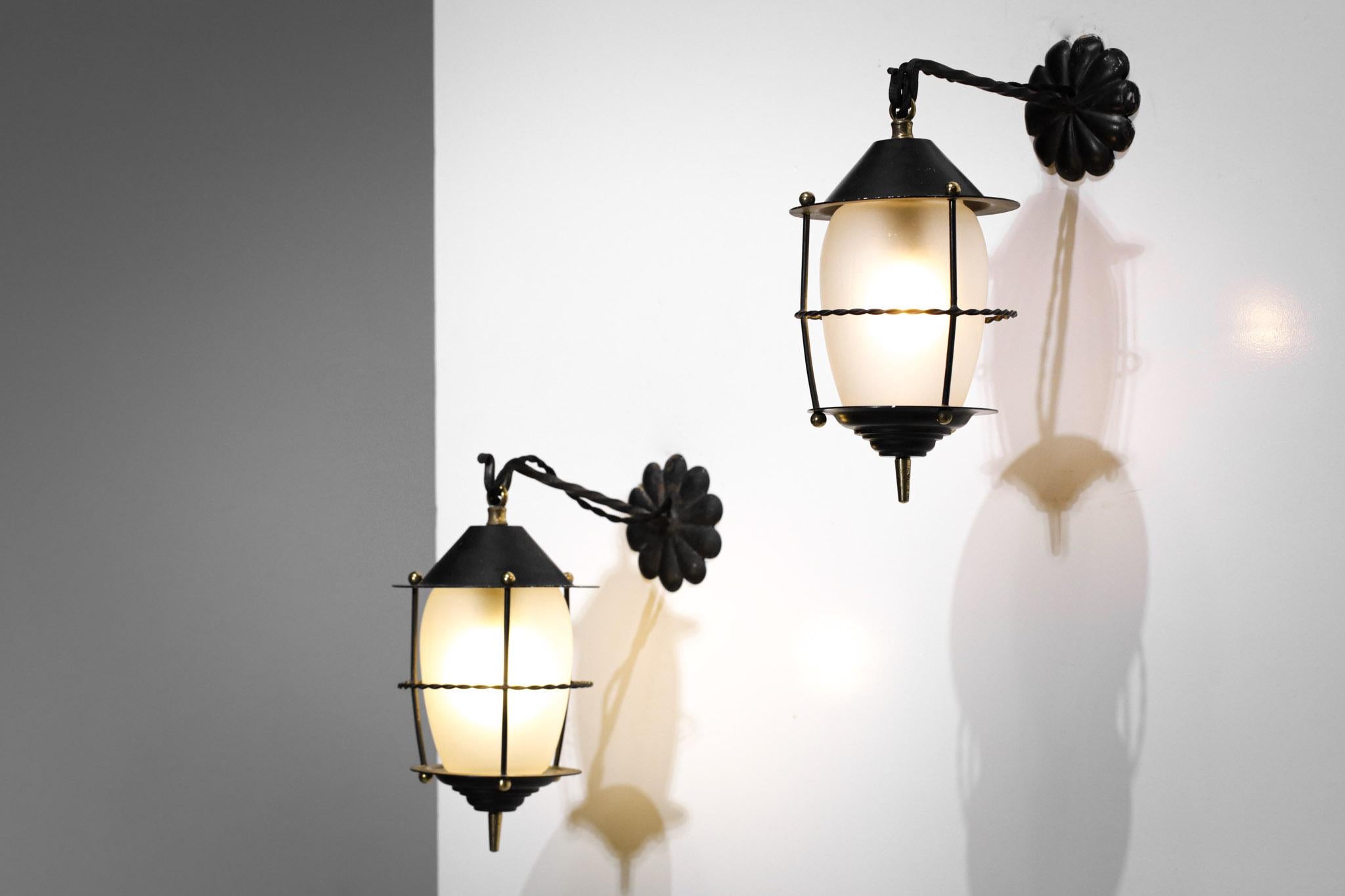 Mid-Century Modern Set of 3 French Lanterns Lacquered Metal and Frosted Glass Vintage Design F287