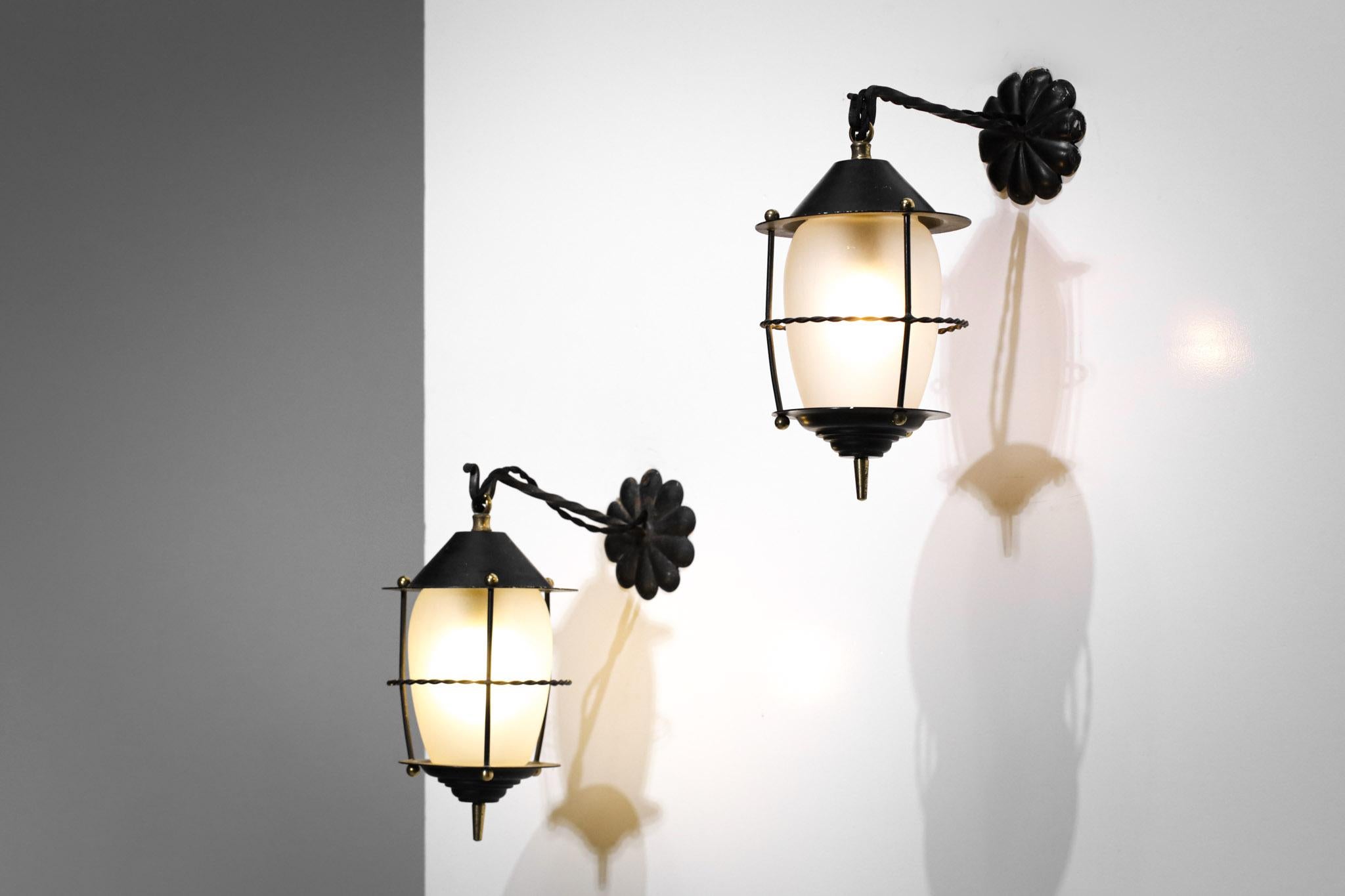 Set of 3 French Lanterns Lacquered Metal and Frosted Glass Vintage Design F287 In Good Condition In Lyon, FR