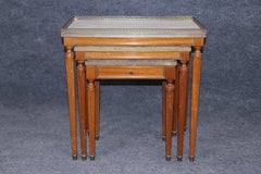 Set of 3 French Louis XVI Style Brass and Walnut White Carrara Marble Tops