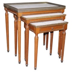 Set of 3 French Louis XVI Style Brass and Walnut White Carrara Marble Tops