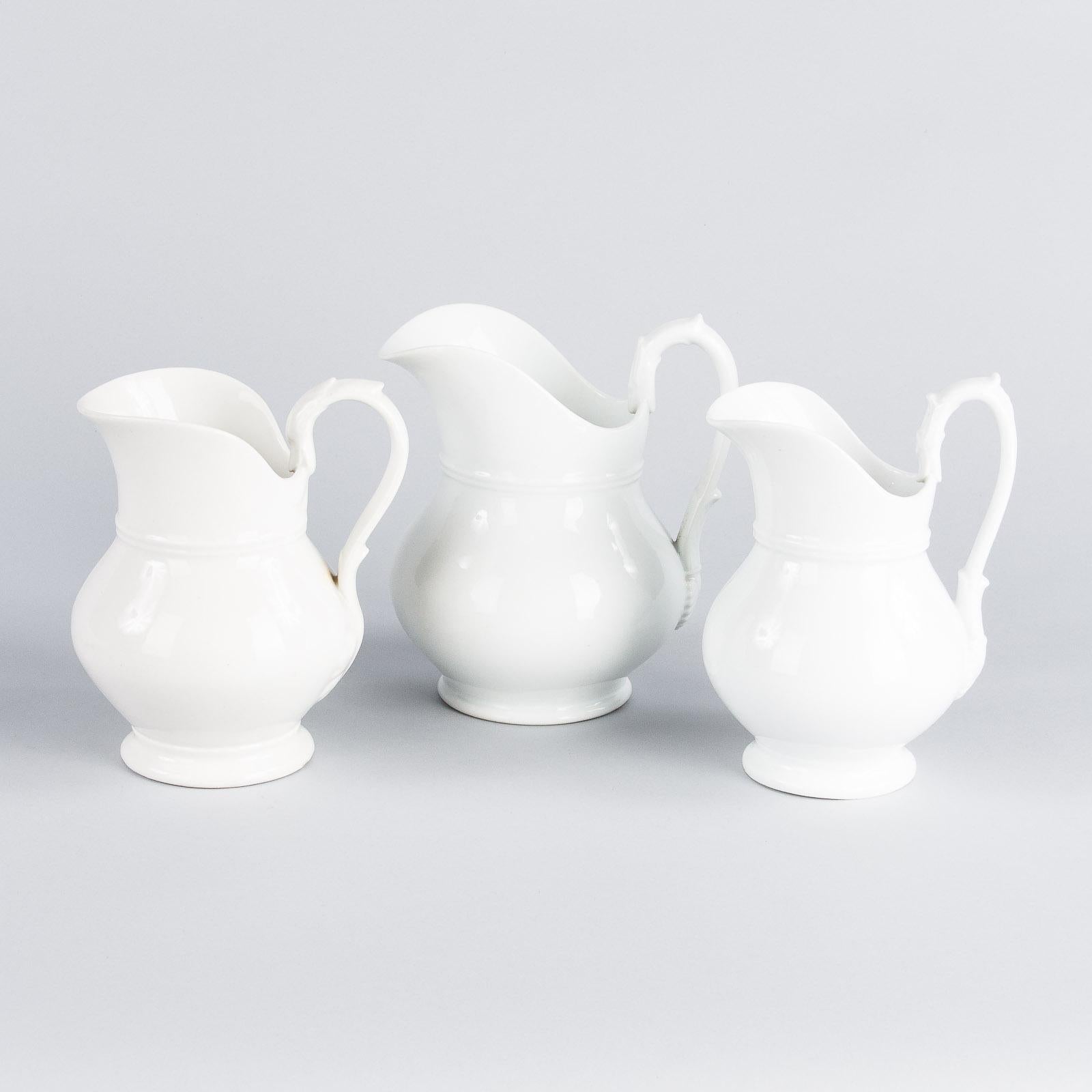 Glazed Set of 3 French Midcentury White Ceramic Pitchers