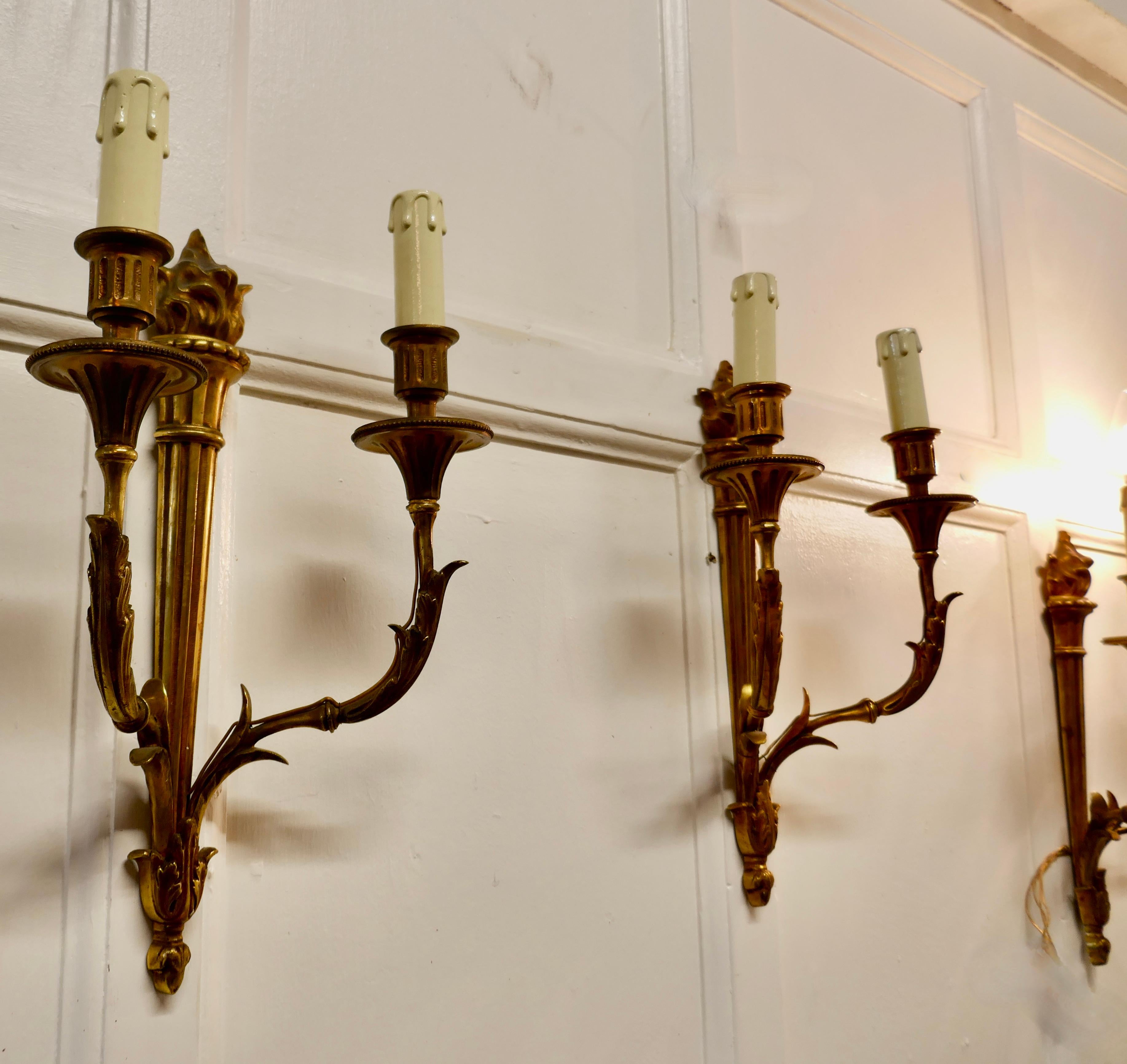 20th Century Set of 3 French Neo Classical Large Brass Twin Wall Lights For Sale