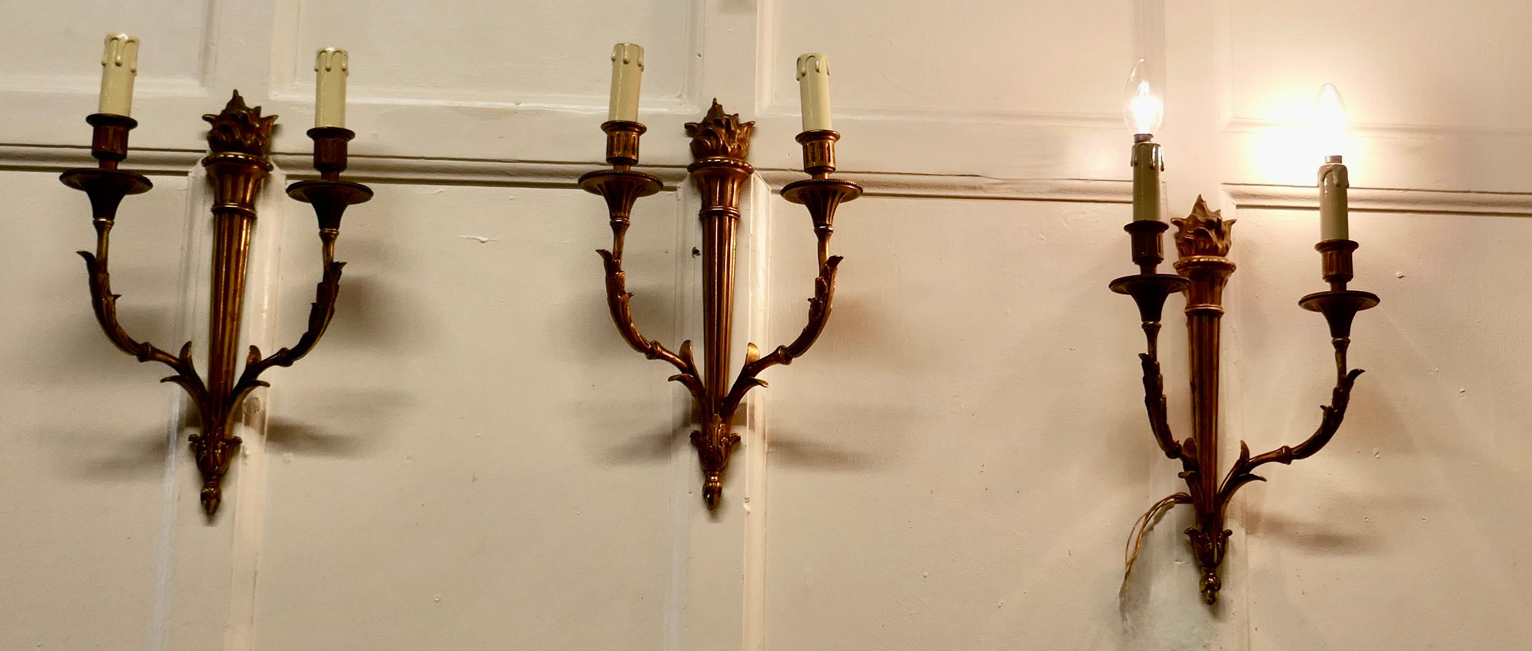 Set of 3 French Neo Classical Large Brass Twin Wall Lights For Sale 1