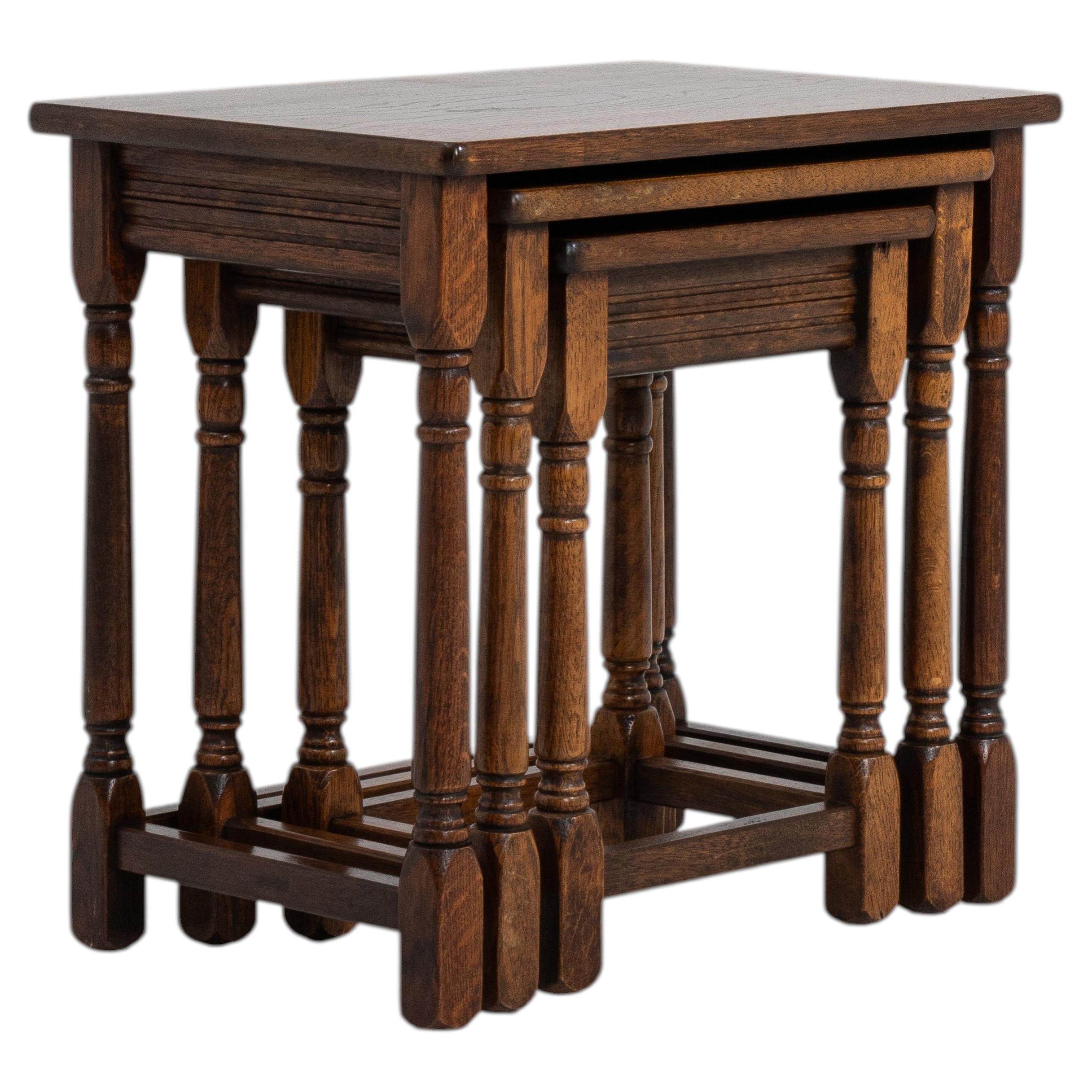 Set of Three French Oak Nesting Tables, Compact Design, Circa 1970