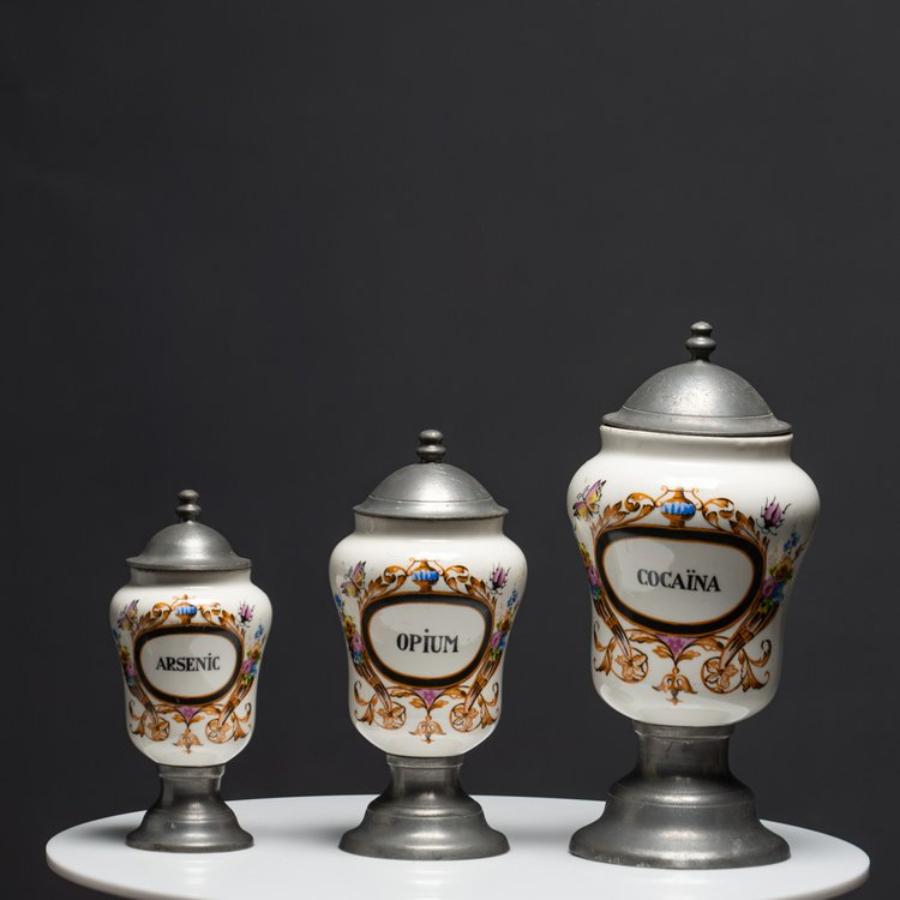 Set of 3 French Pewter and Porcelain Apothecary Jars For Sale 6