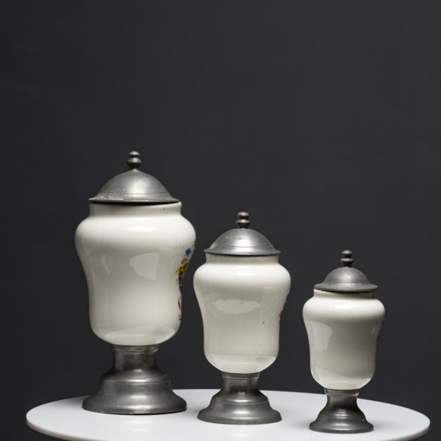 Set of 3 French Pewter and Porcelain Apothecary Jars For Sale 8