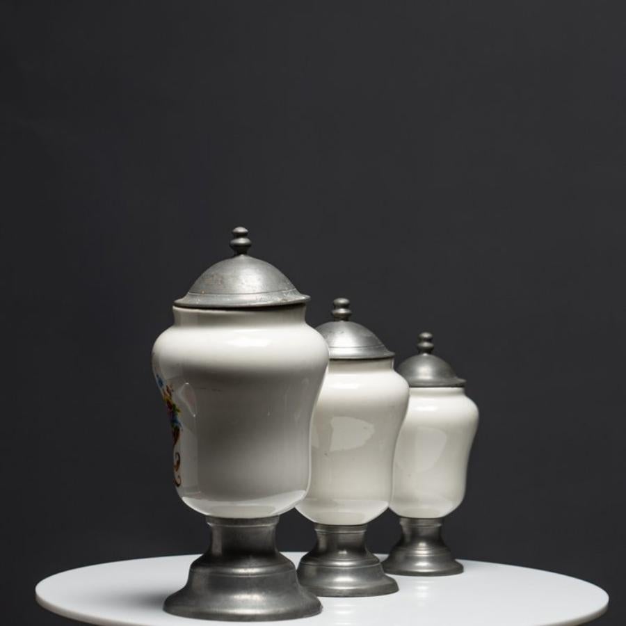 Set of 3 French Pewter and Porcelain Apothecary Jars For Sale 9