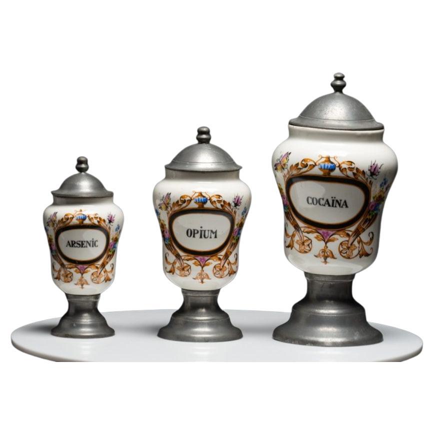Set of 3 French Pewter and Porcelain Apothecary Jars For Sale