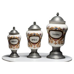 Retro Set of 3 French Pewter and Porcelain Apothecary Jars