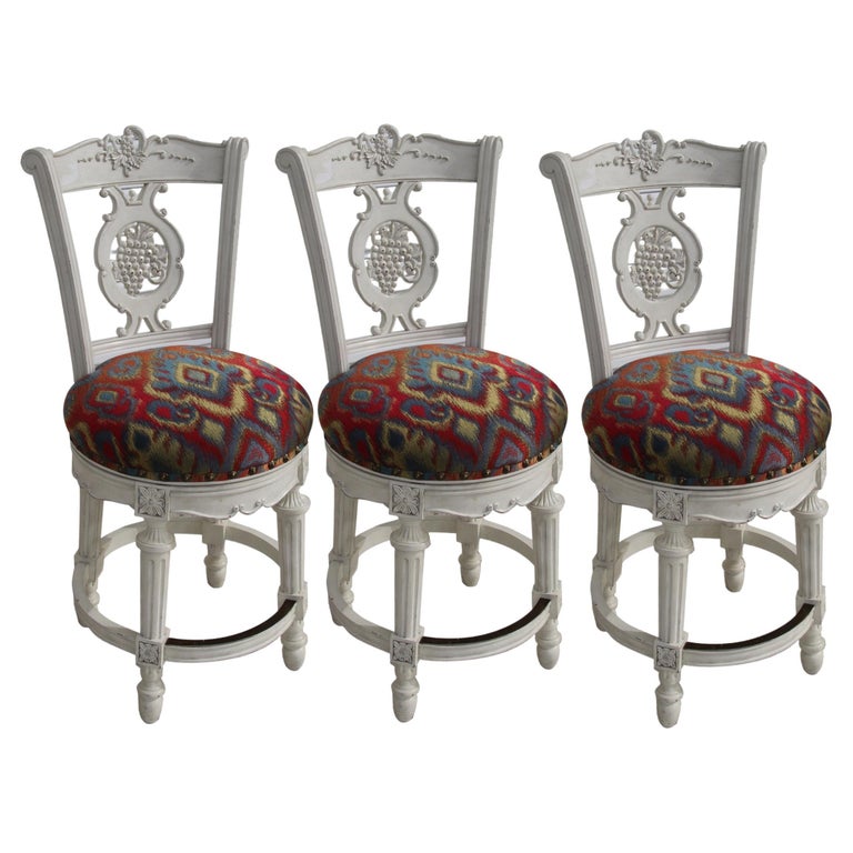 Set of 3 French Provincial Style Swivel Bar Stools For Sale