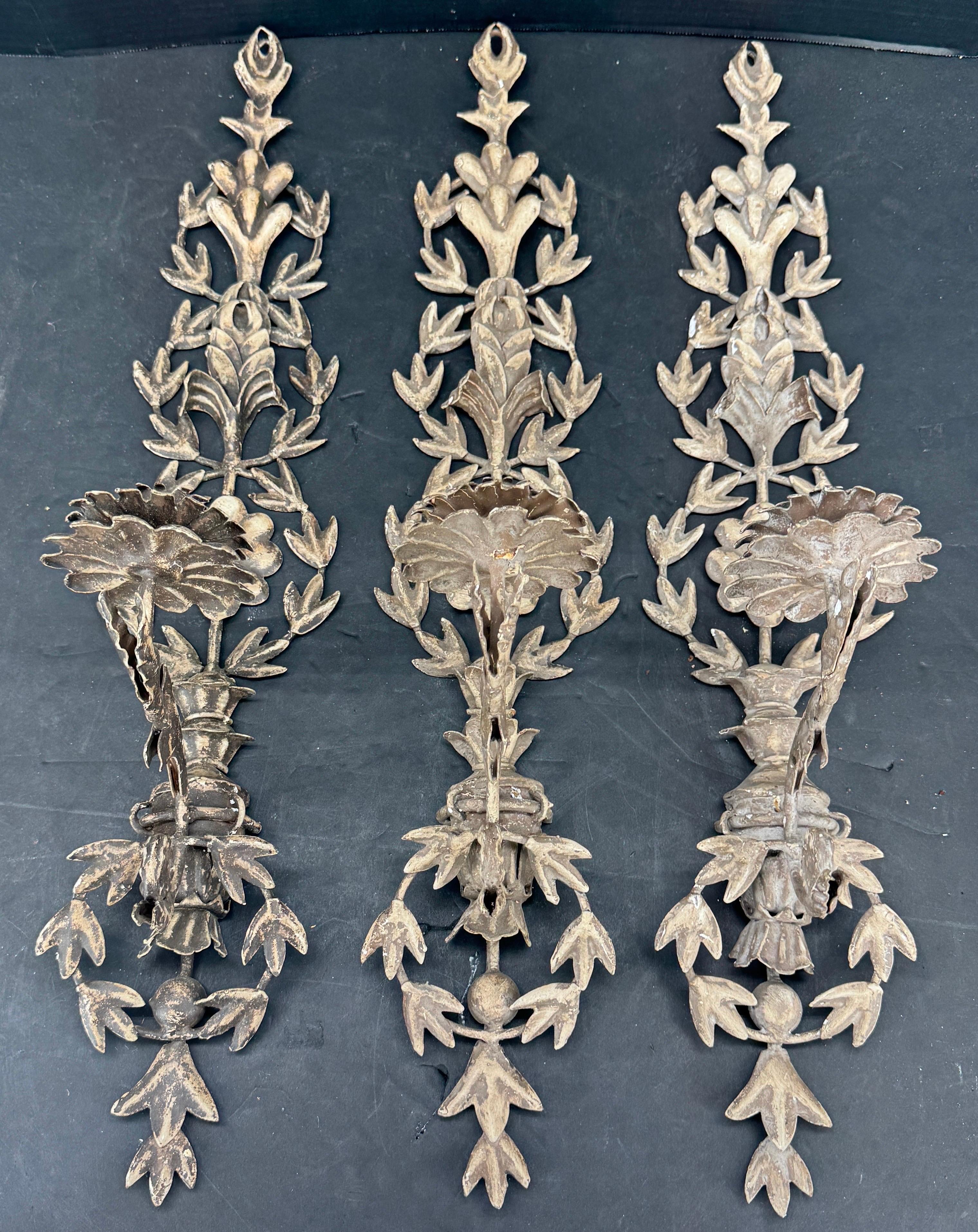 Metal Set of 3 French Provincial Wall Candle Sconces Lights For Sale