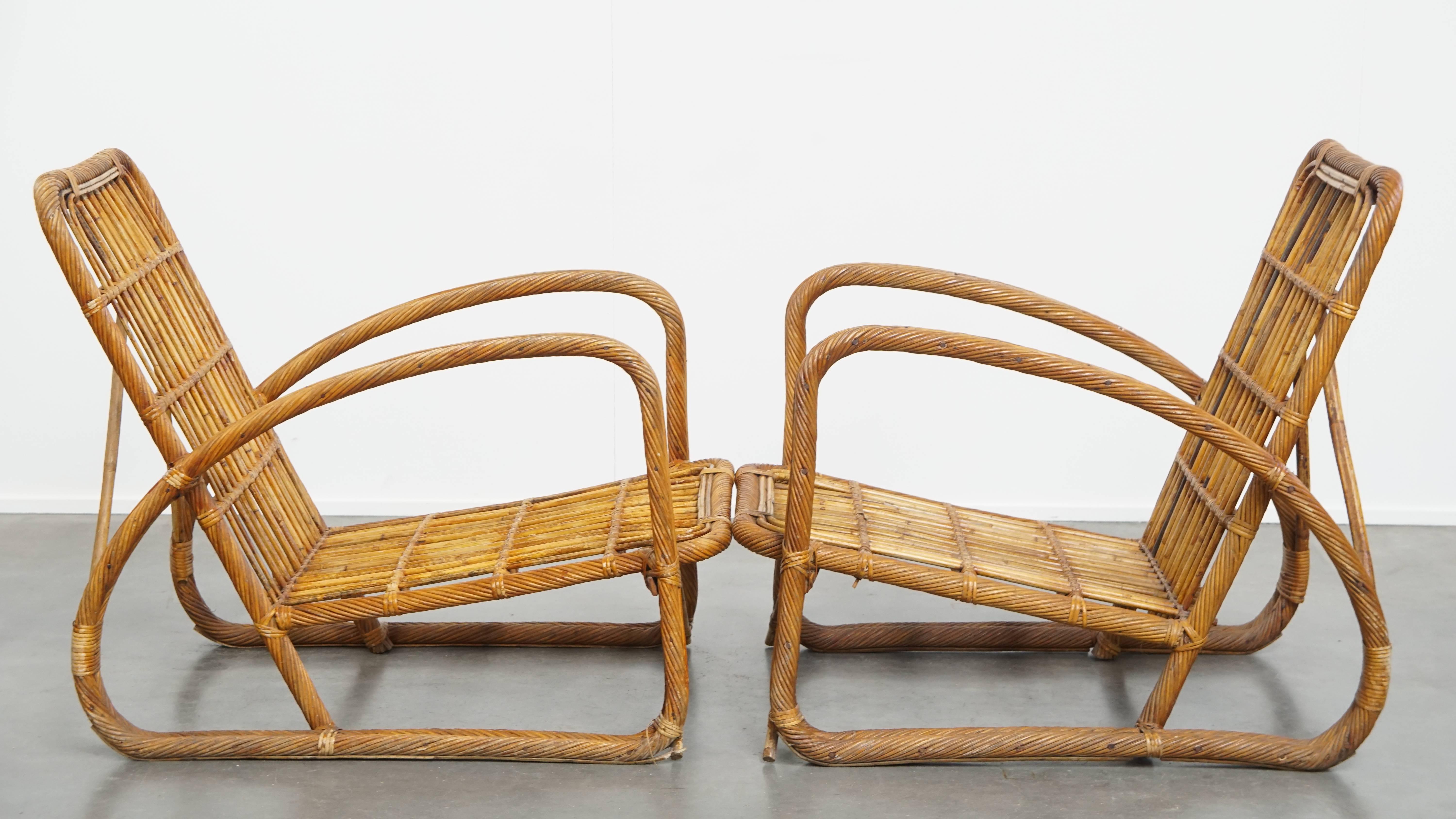 Classical Roman Set of 3 French Rattan Vintage Design Armchairs from the 1950s For Sale