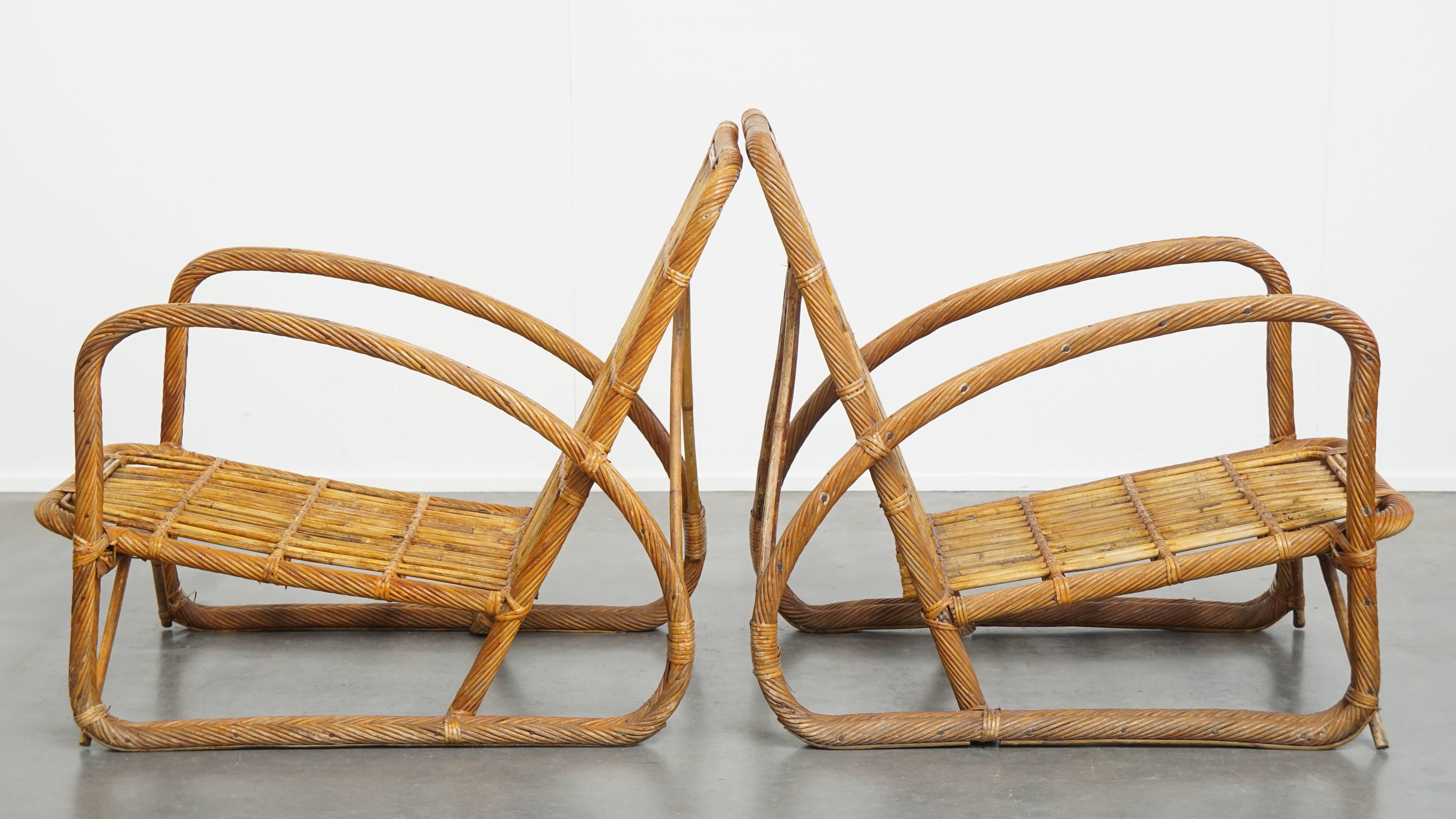 Set of 3 French Rattan Vintage Design Armchairs from the 1950s In Fair Condition For Sale In Harderwijk, NL