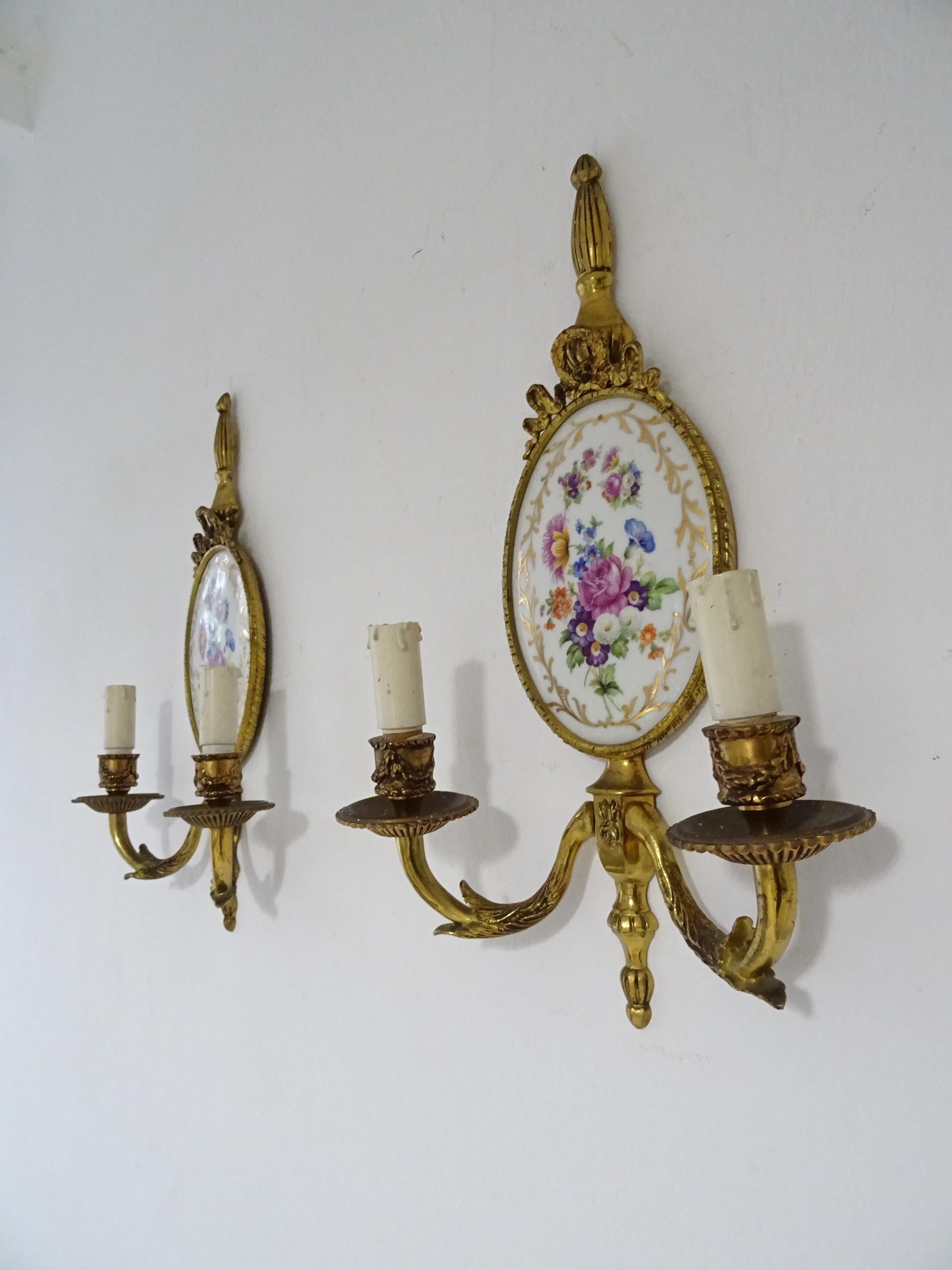 Hand-Painted Set of 3 French Sevres Porcelain Flowers Dore Sconces, circa 1900