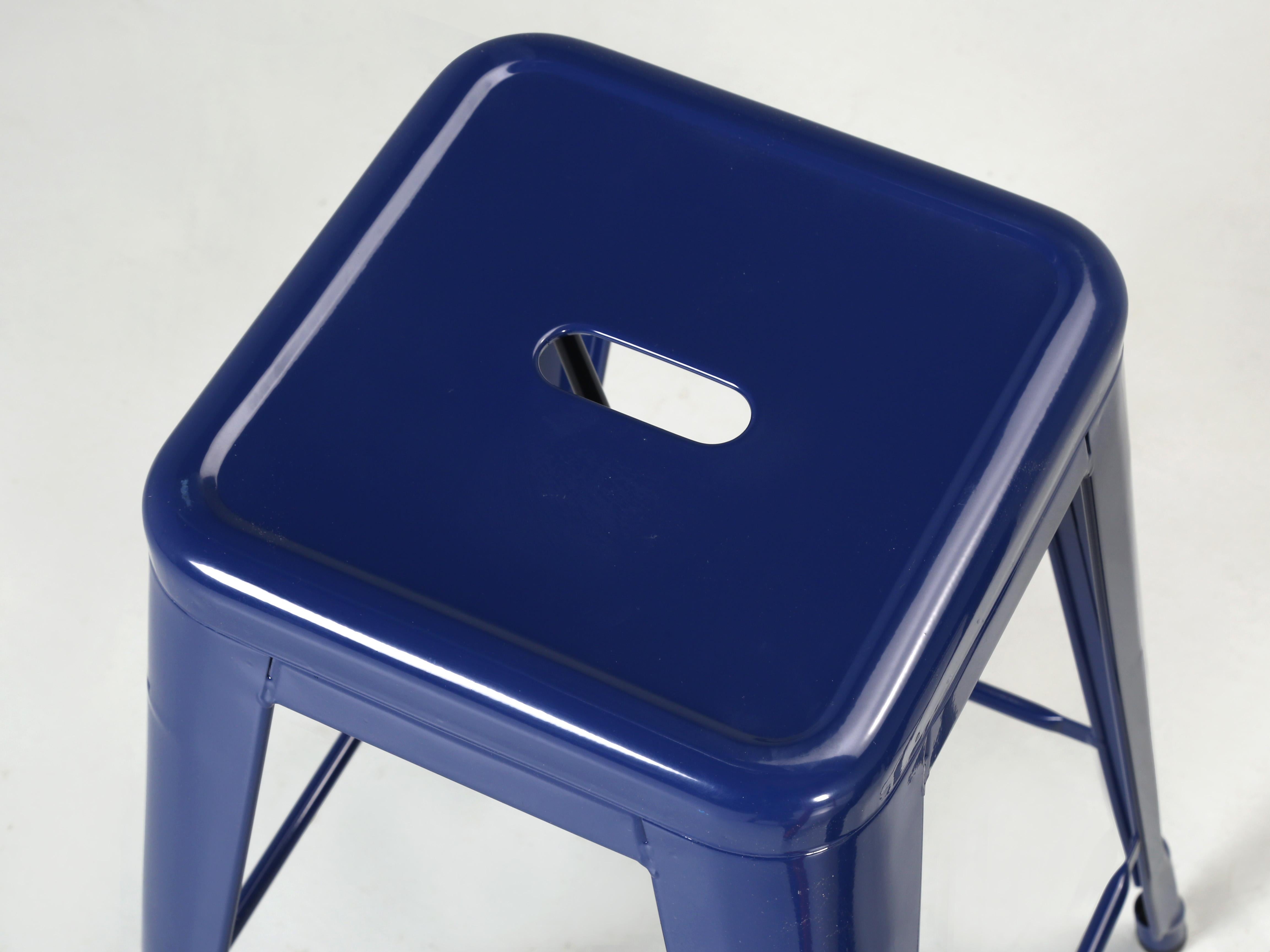 Industrial Set of (3) French Tolix Kitchen Counter Stools Blue Over (1000) Pieces Available For Sale