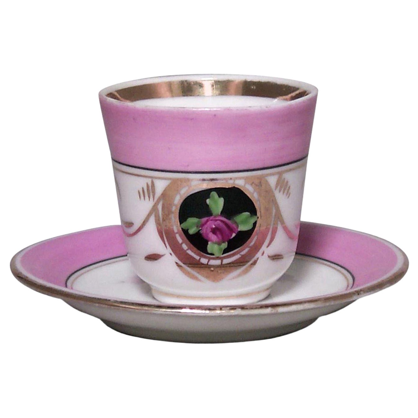 Set of 3 French Victorian Pink Porcelain Teacups and Saucers en venta