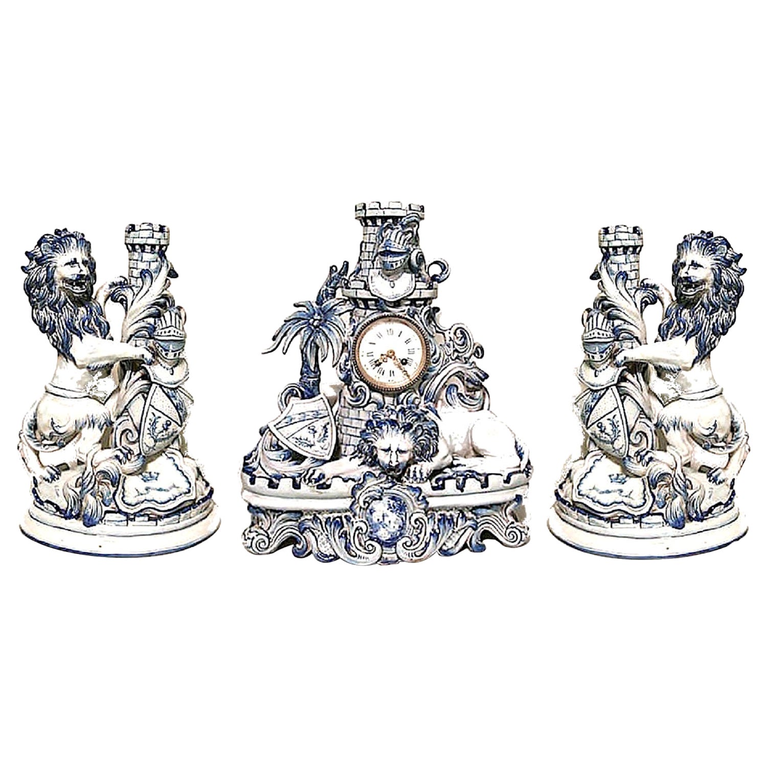 Set of 3 French Victorian Porcelain Lion Clock Set