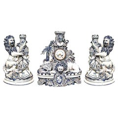 Set of 3 French Victorian Porcelain Lion Clock Set