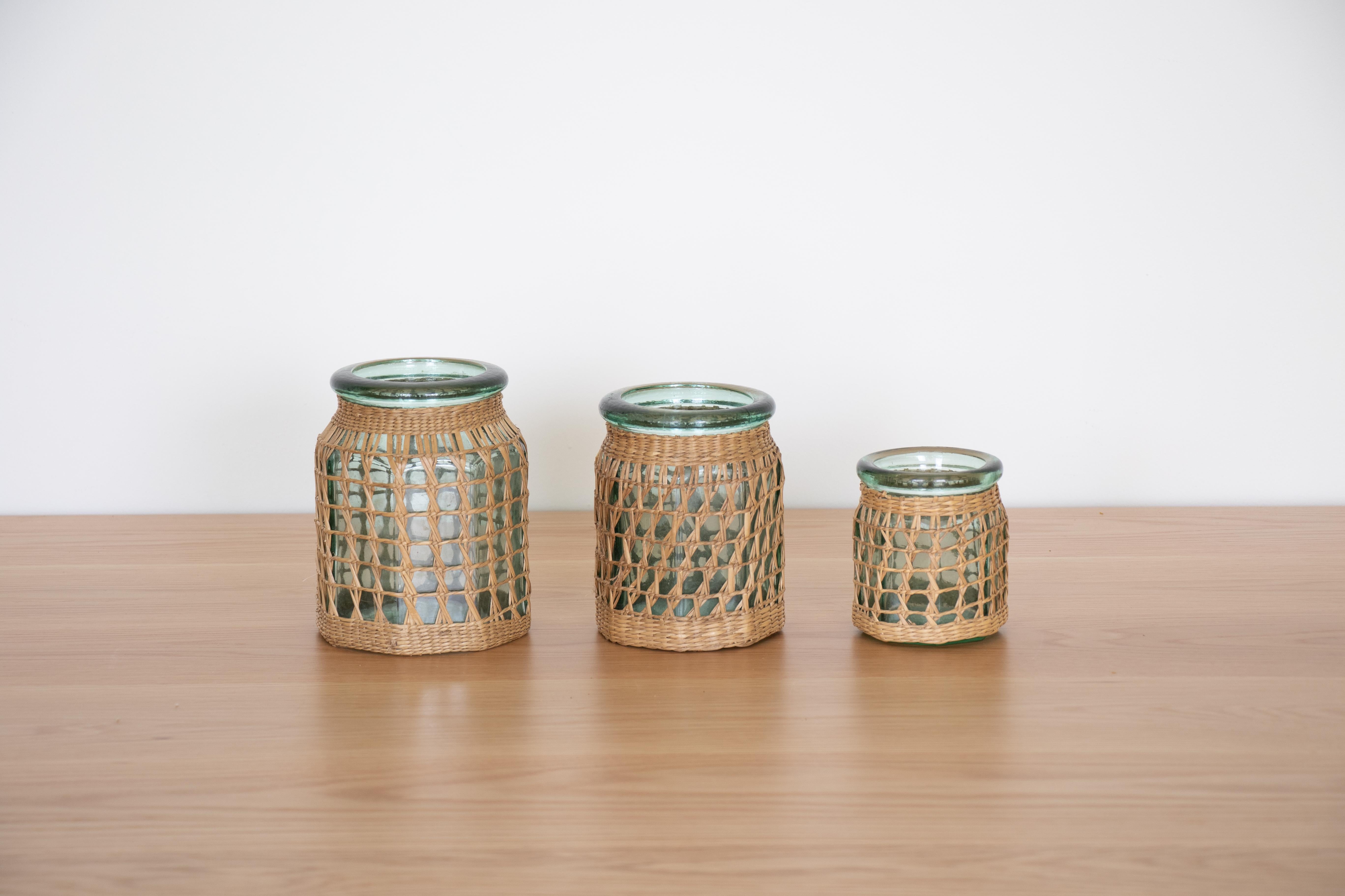 Set of 3 French Woven Glass Jars In Good Condition In Los Angeles, CA