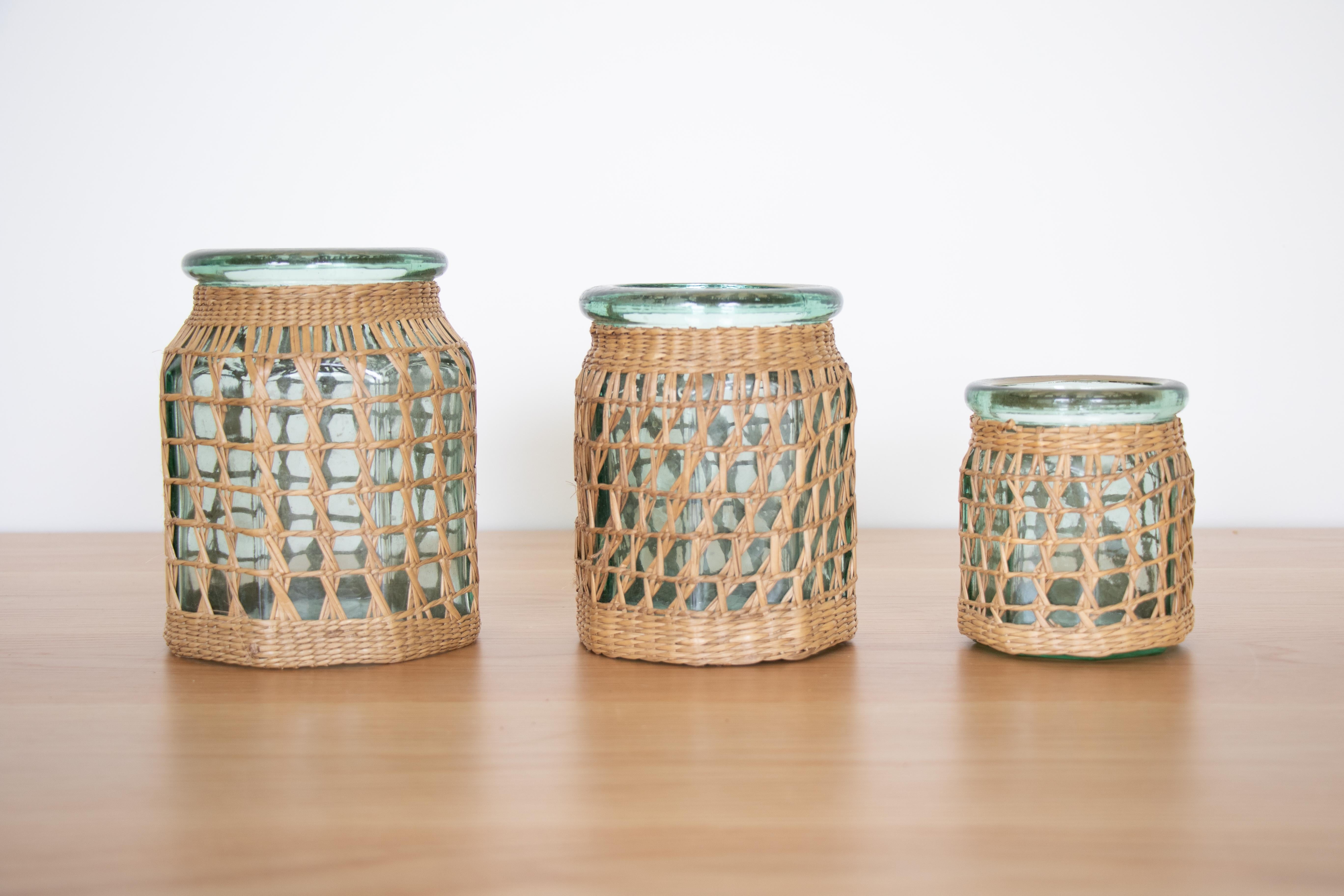 20th Century Set of 3 French Woven Glass Jars