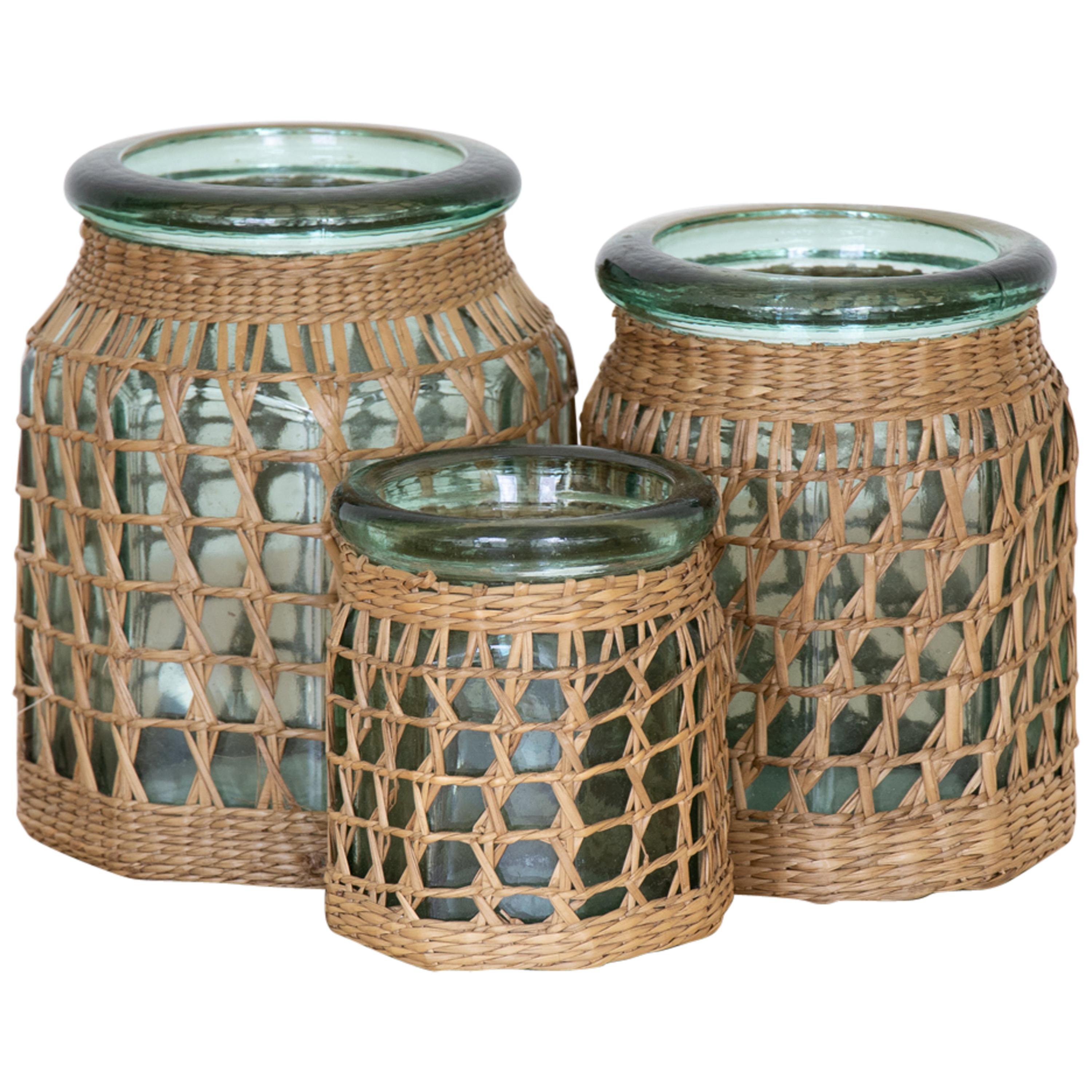 Set of 3 French Woven Glass Jars