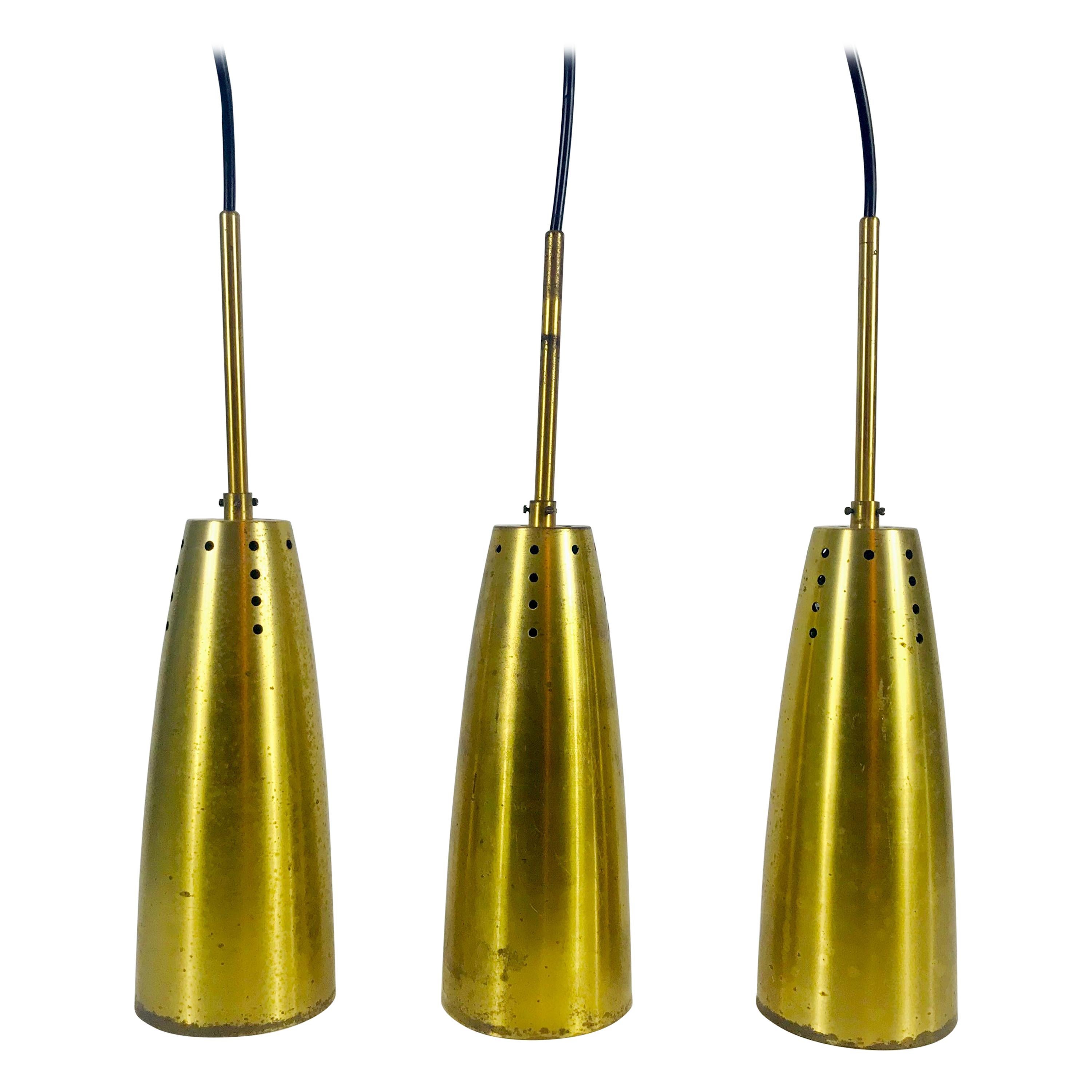 Set of 3 Full Brass Mid-Century Modern Pendant Lamps, 1950s, Germany For Sale