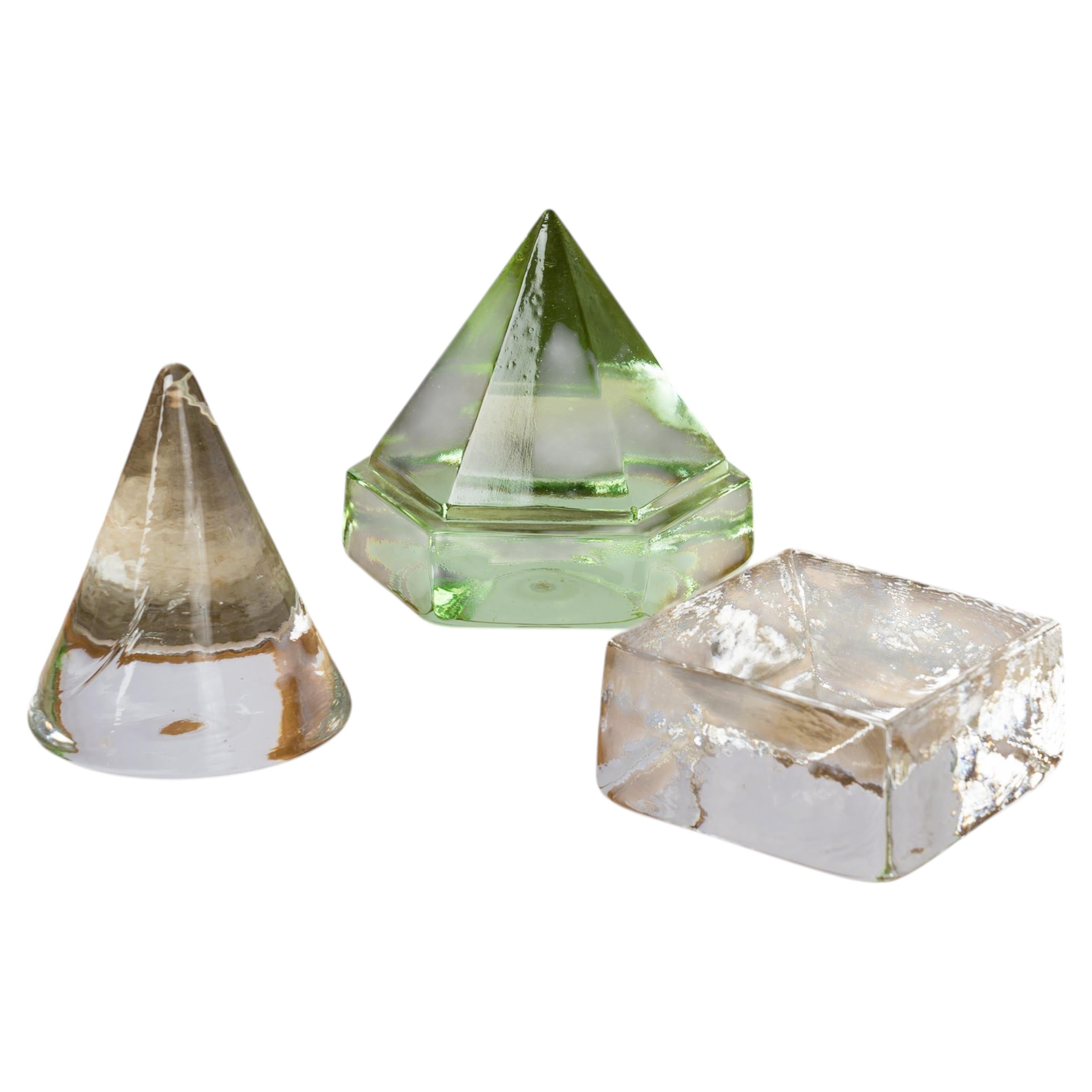 Set of 3 Geometric Art Glass Sculptures, France 1970s