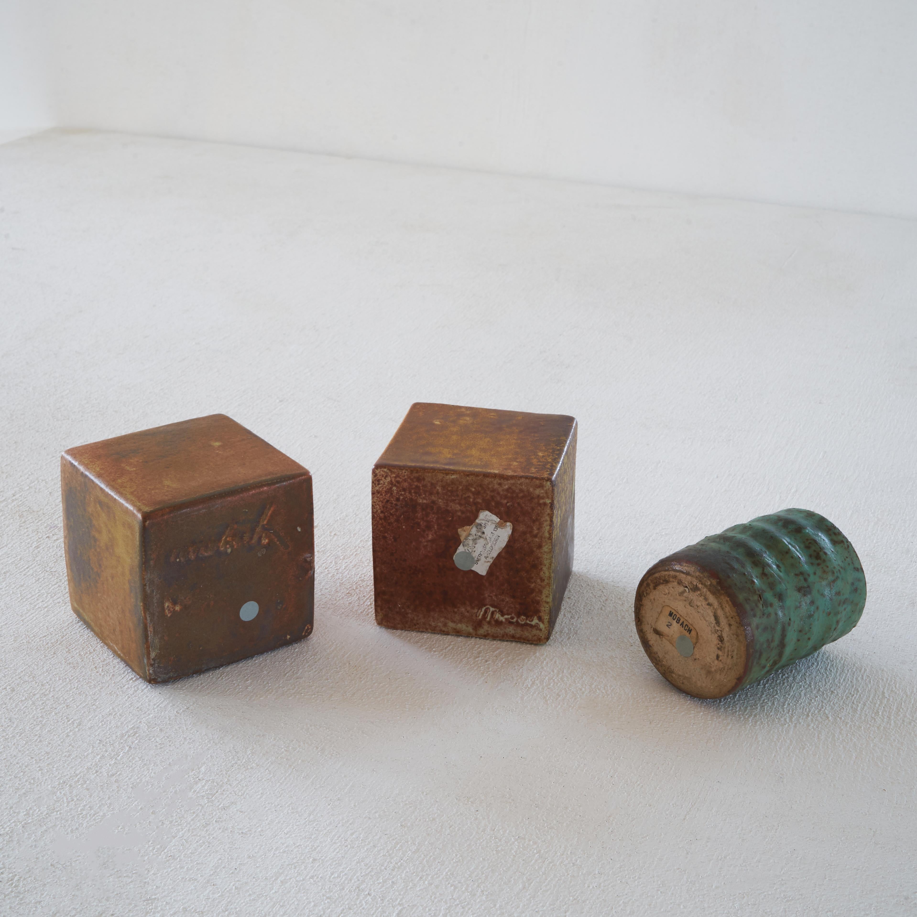 20th Century Set of 3 Geometrical Mid Century Mobach Pottery Vases For Sale