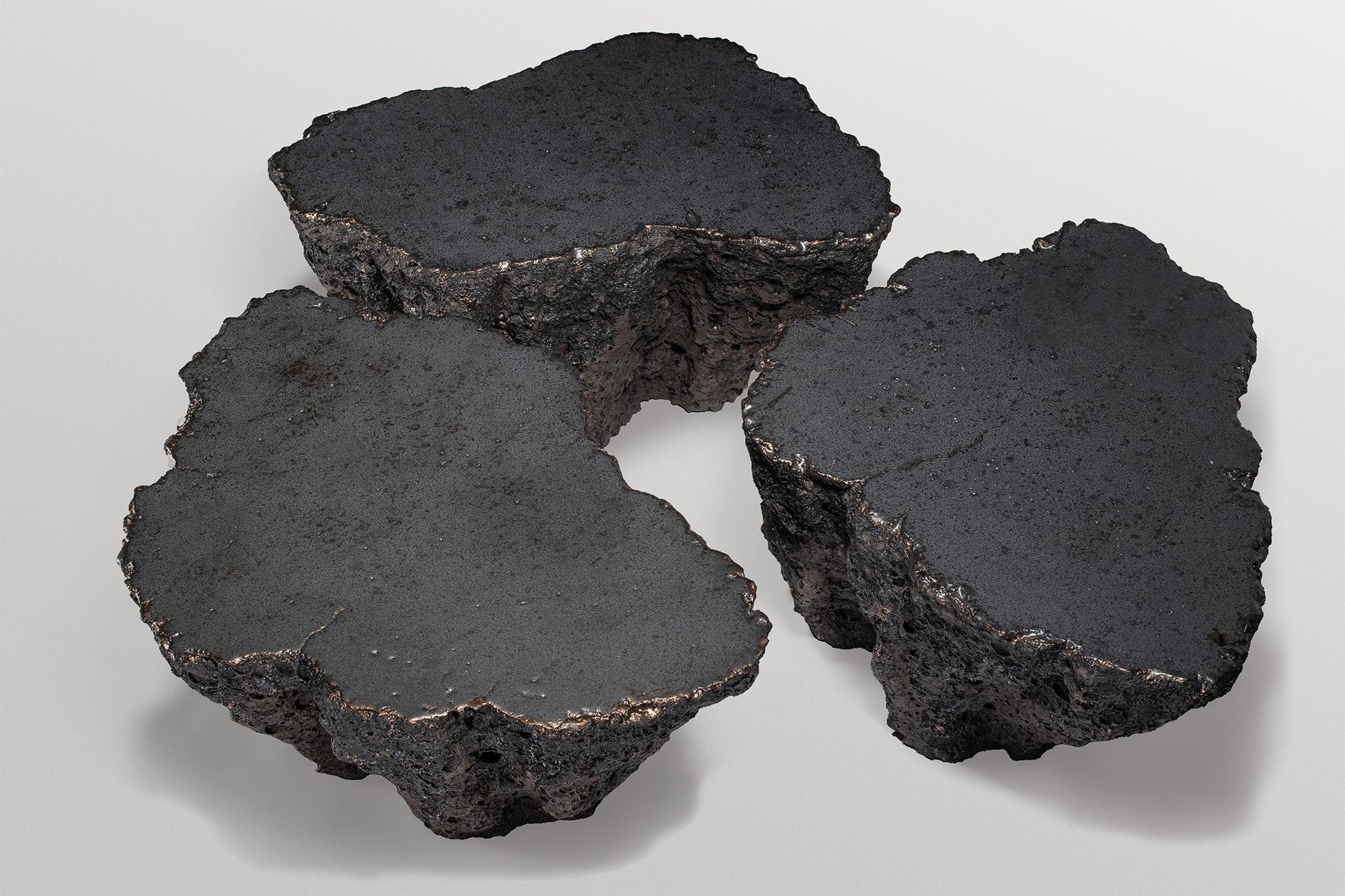 Post-Modern Set Of 3 Unique Naural Form, Dark Grey Ceramicc Coffee Tables by Niclas Wolf For Sale