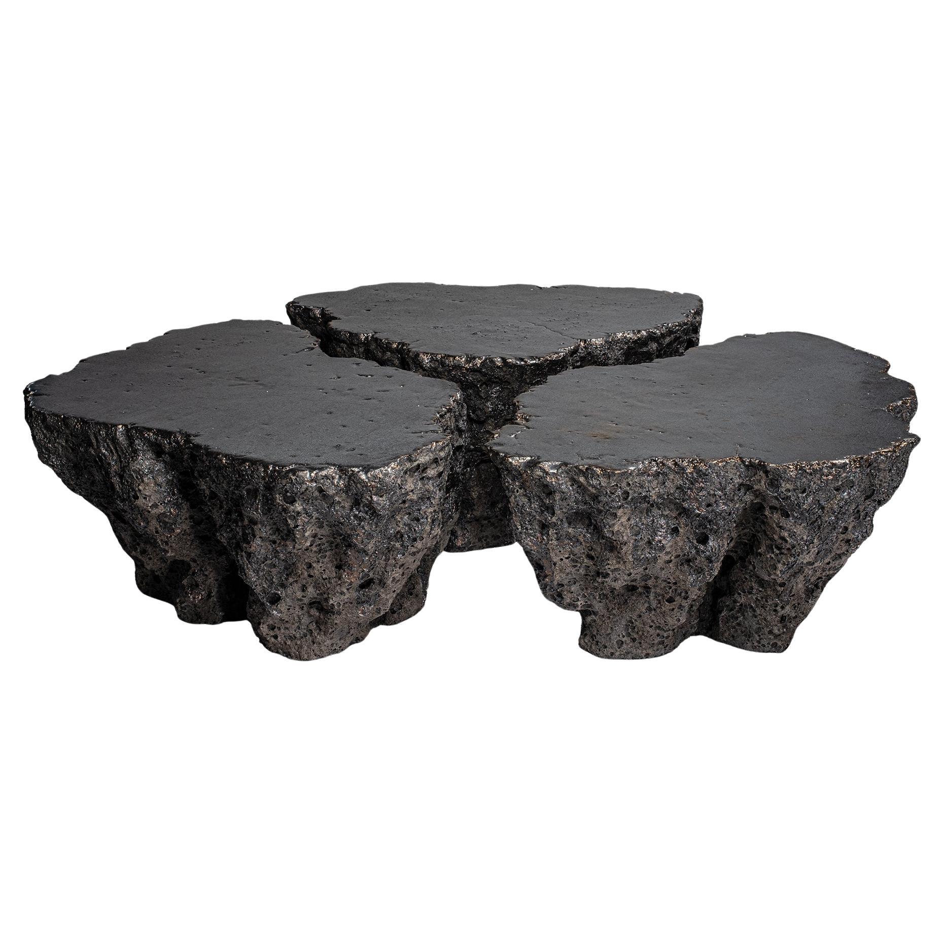Set Of 3 Unique Naural Form, Dark Grey Ceramicc Coffee Tables by Niclas Wolf For Sale