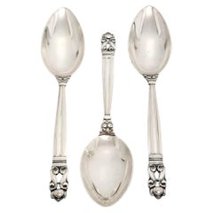 Set of 3 Georg Jensen Denmark Acorn Sterling Silver Dessert / Oval Soup Spoons
