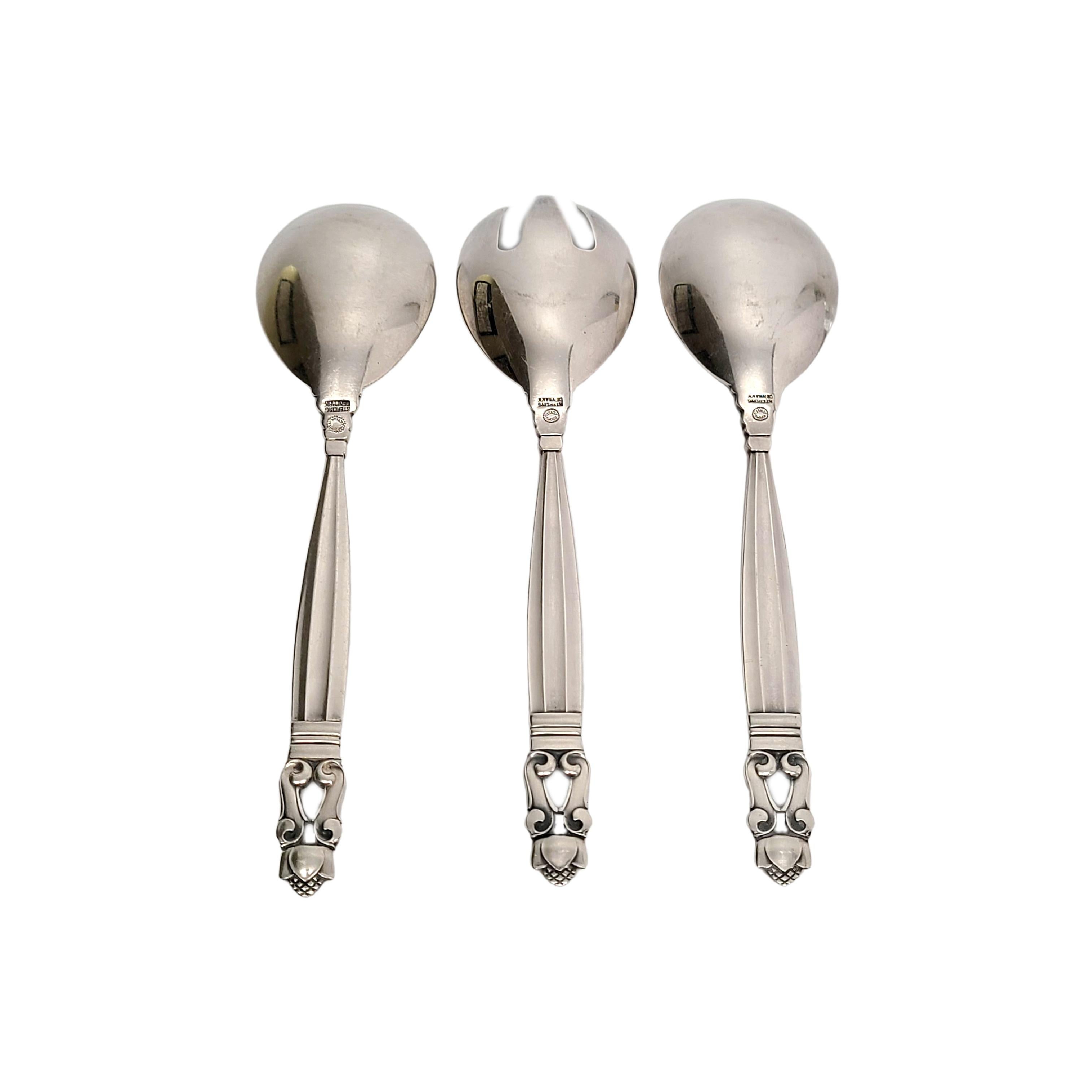 Set of 3 sterling silver ice cream spoons and fork in the Acorn pattern by Georg Jensen

The Acorn pattern was introduced in 1915 as a collaboration between Georg Jensen and designer Johan Ronde. The Acorn pattern, which combines Art Nouveau and Art