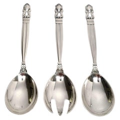 Vintage Set of 3 Georg Jensen Denmark Sterling Silver Acorn Ice Cream Spoons and Fork