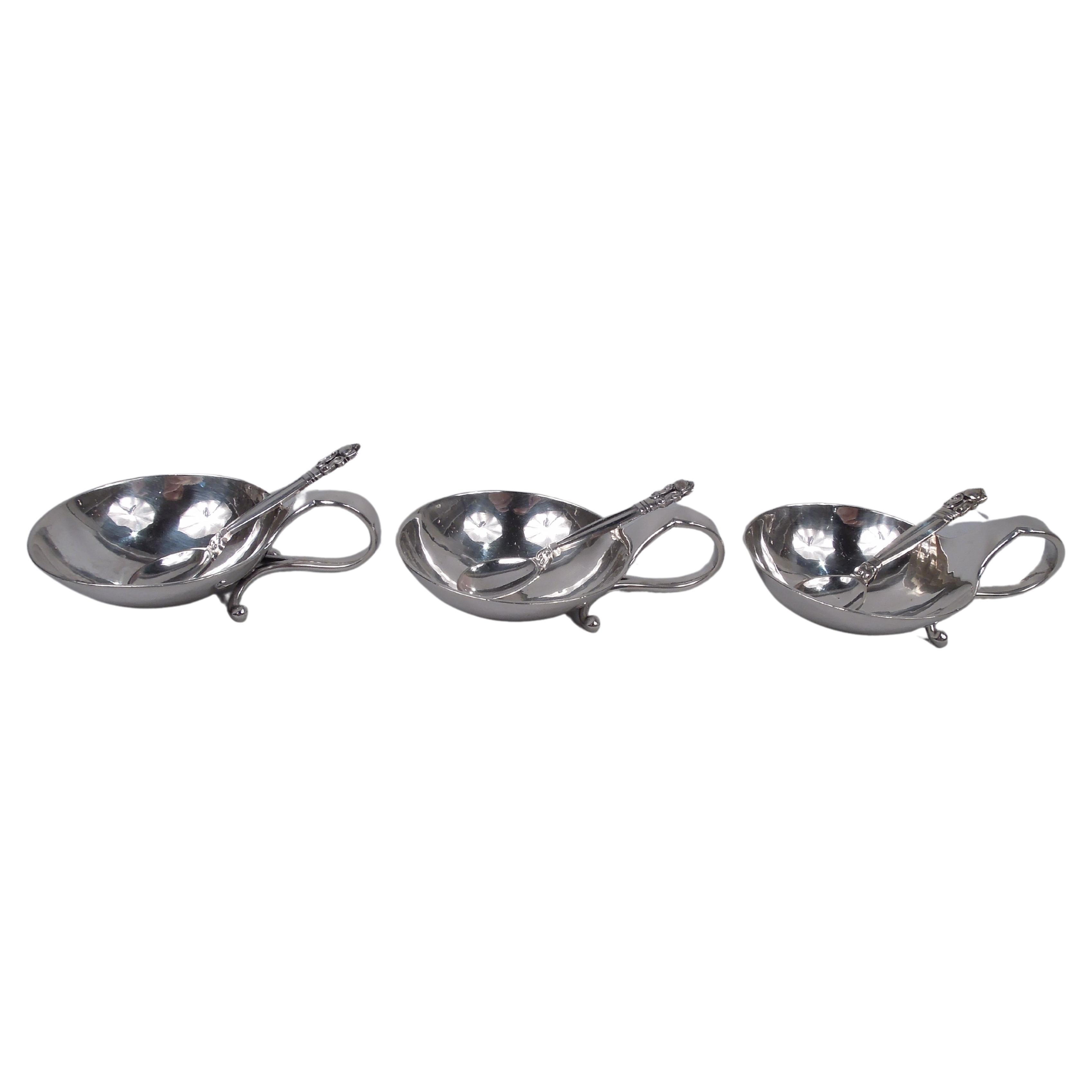Set of 3 Georg Jensen Modern Open Salts with Acorn Spoons For Sale