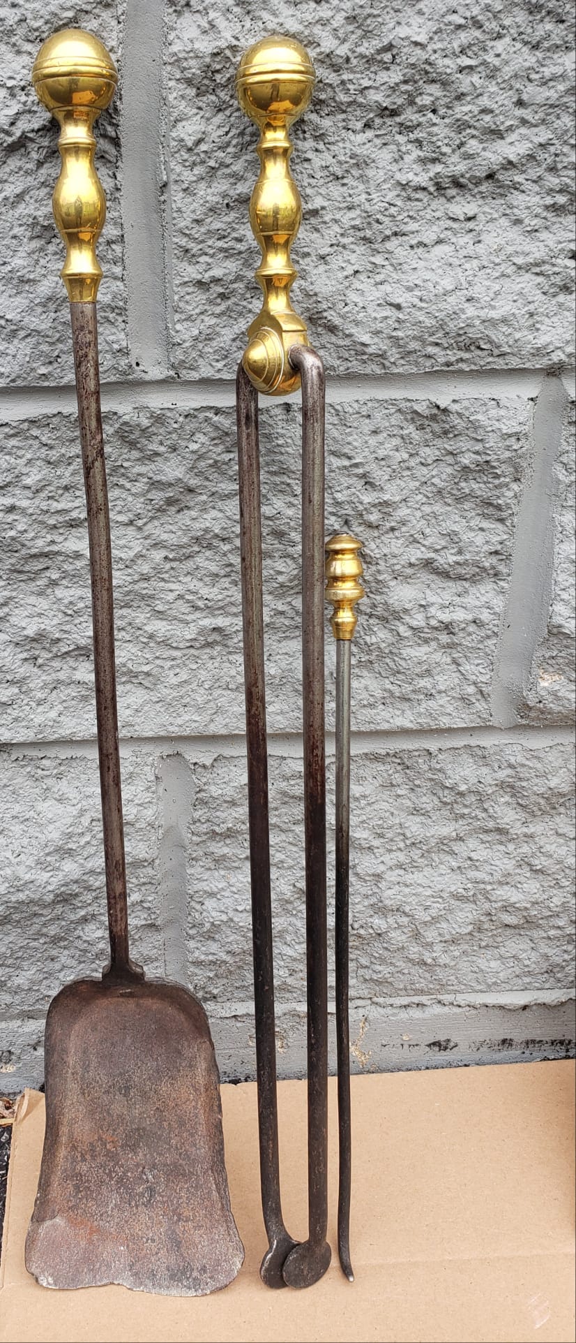 American Set of 3 George III Style Cast and Polished Brass and Steel Fireplace Tools Set For Sale