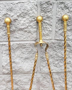 Set of 3 George III Style Cast and Polished Rope Twisted Brass Fire Tools Set