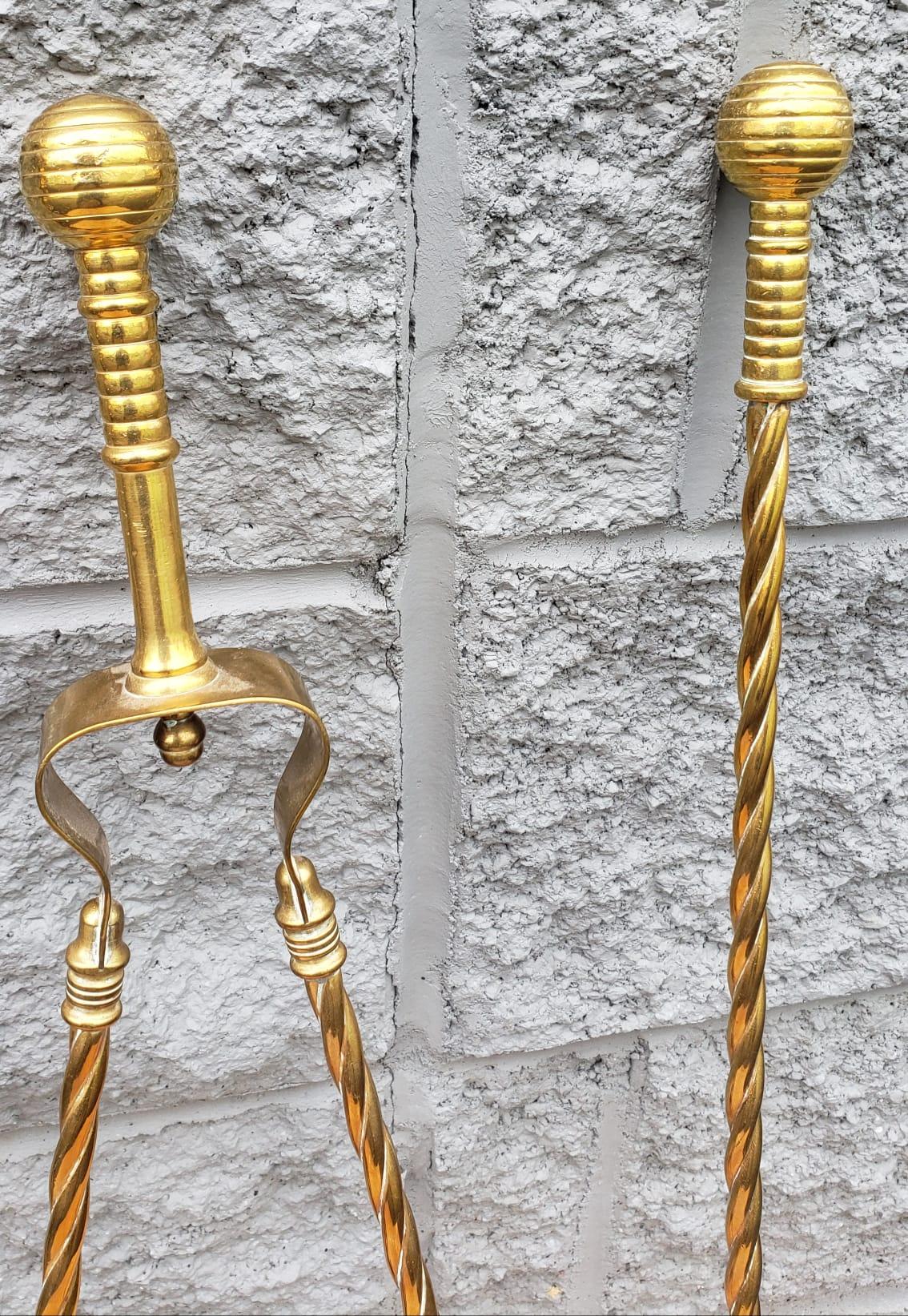 American Set of 3 George III Style Cast and Polished Rope Twisted Brass Fire Tools Set For Sale