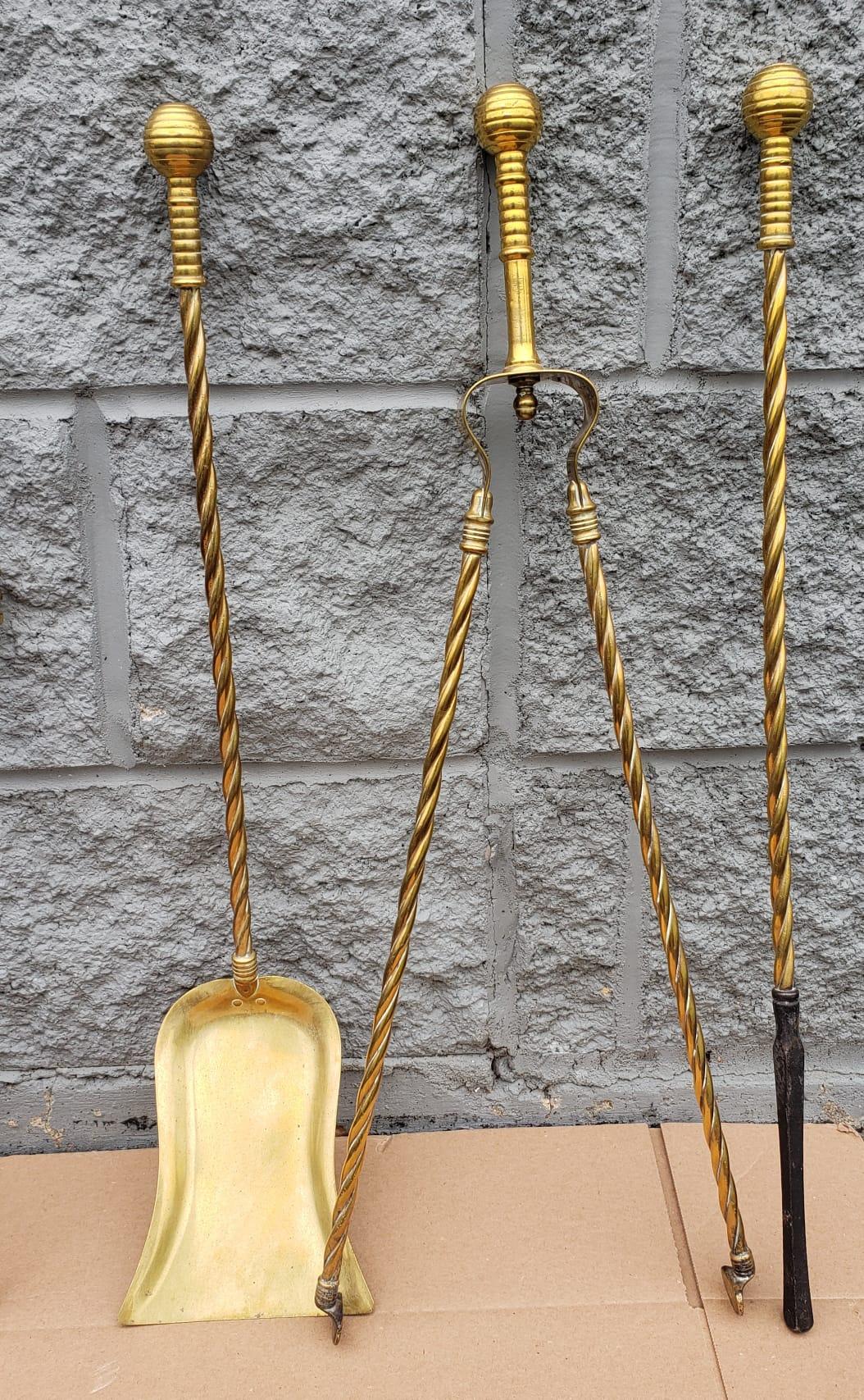 Metalwork Set of 3 George III Style Cast and Polished Rope Twisted Brass Fire Tools Set For Sale