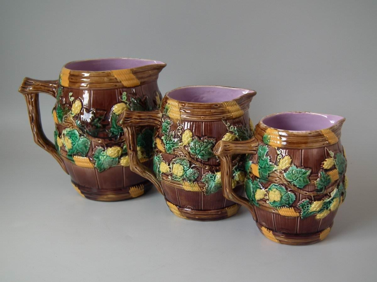 Late 19th Century Set of 3 George Jones Majolica Barrel and Hops Pitchers