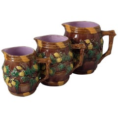 Set of 3 George Jones Majolica Barrel and Hops Pitchers