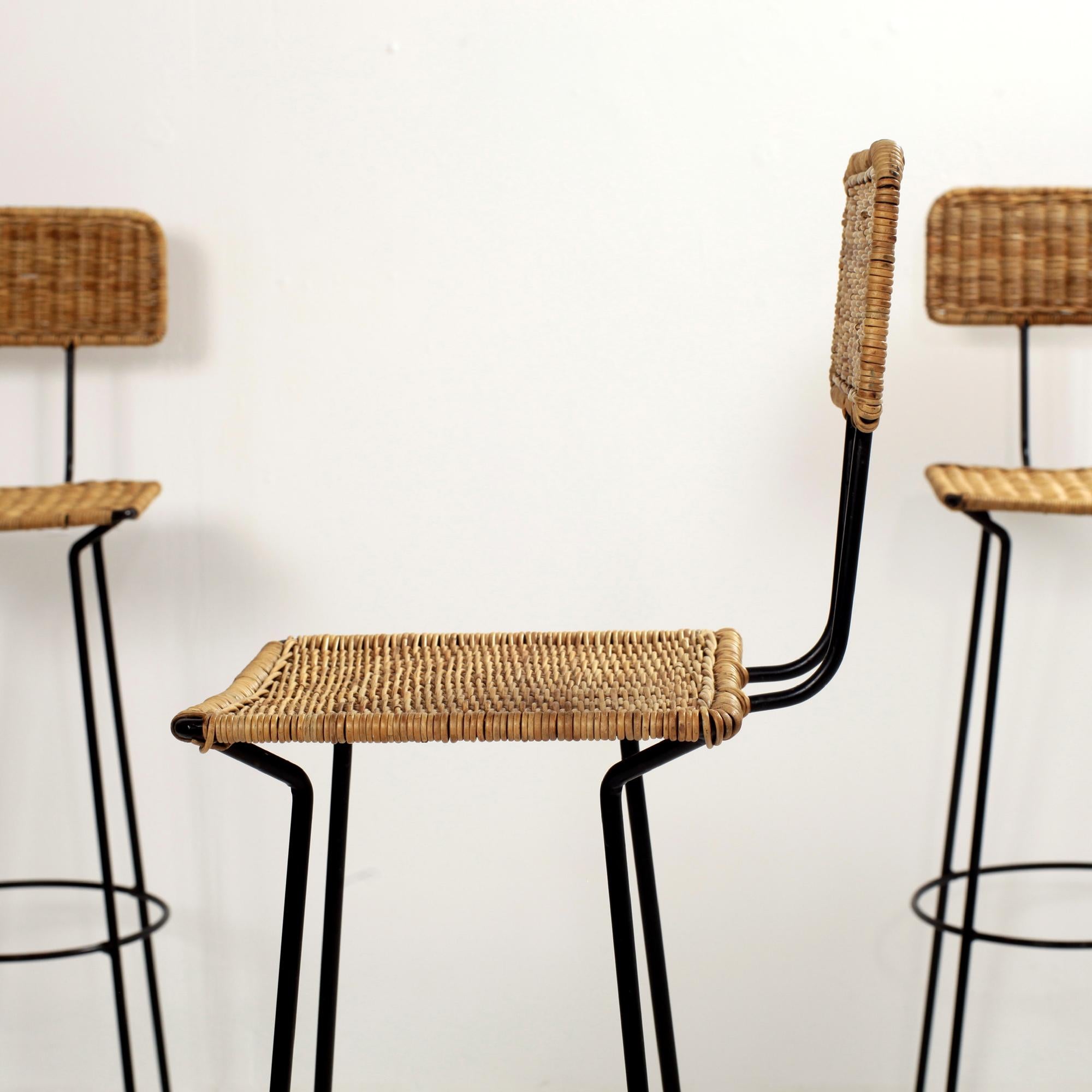 Set of 3 Gian Franco Legler Rattan Bar Stools, Italy, 1950s For Sale 2