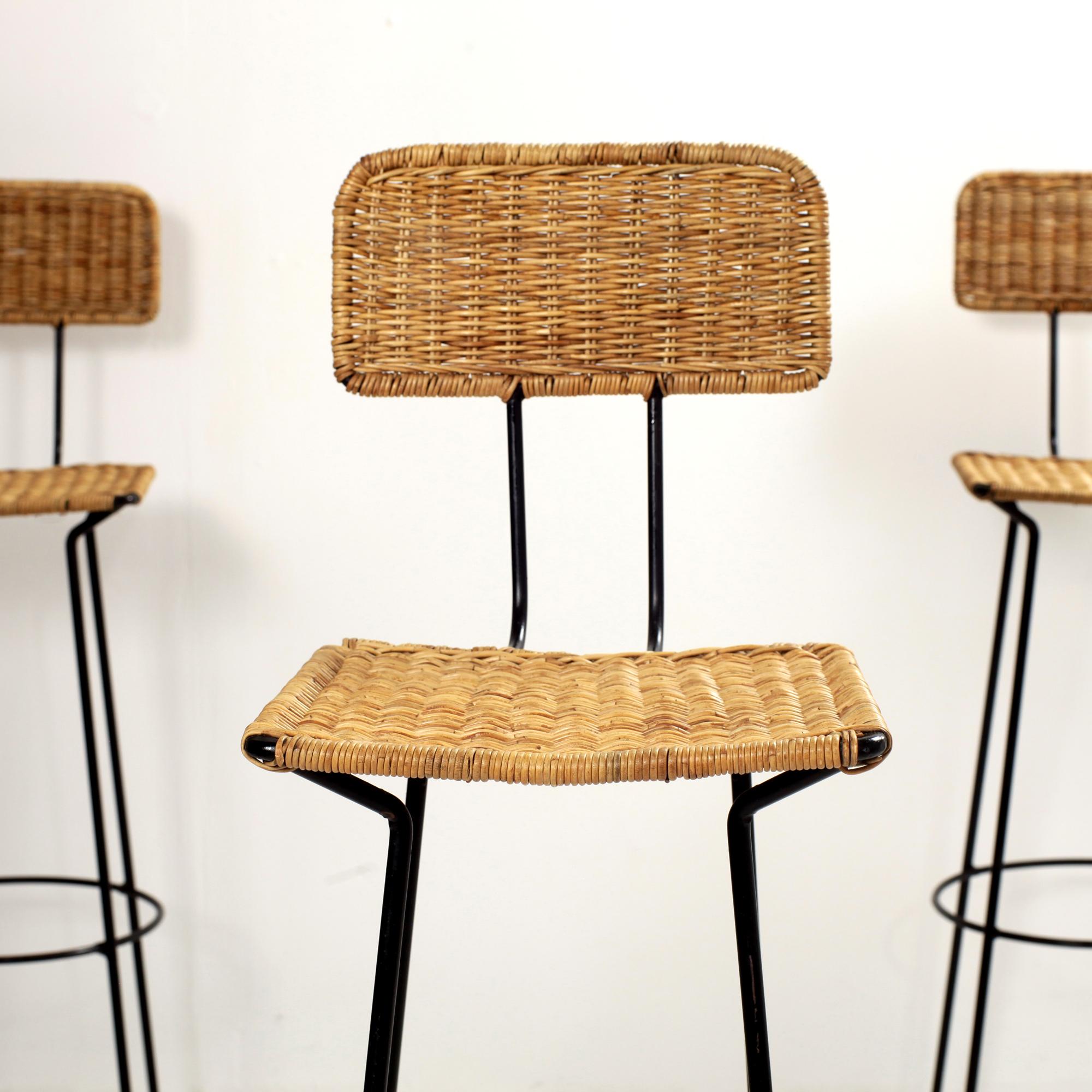 Set of 3 Gian Franco Legler Rattan Bar Stools, Italy, 1950s For Sale 3