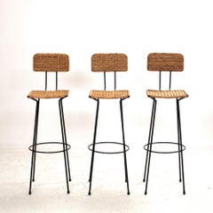 Set of 3 Gian Franco Legler Rattan Bar Stools, Italy, 1950s