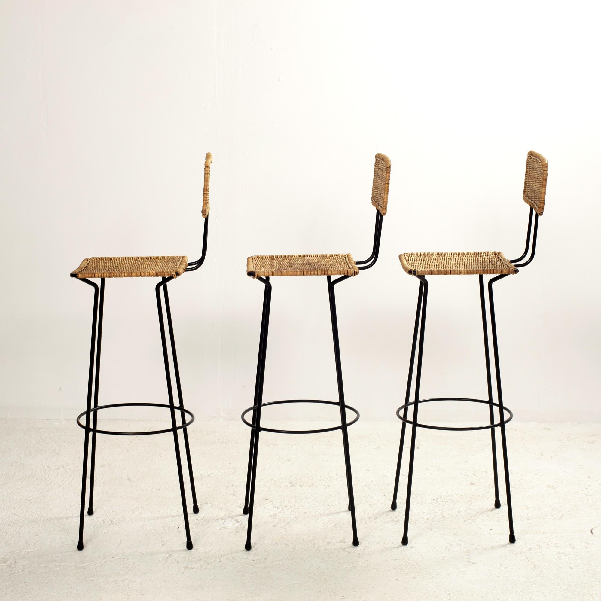 Mid-Century Modern Set of 3 Gian Franco Legler Rattan Bar Stools, Italy, 1950s For Sale
